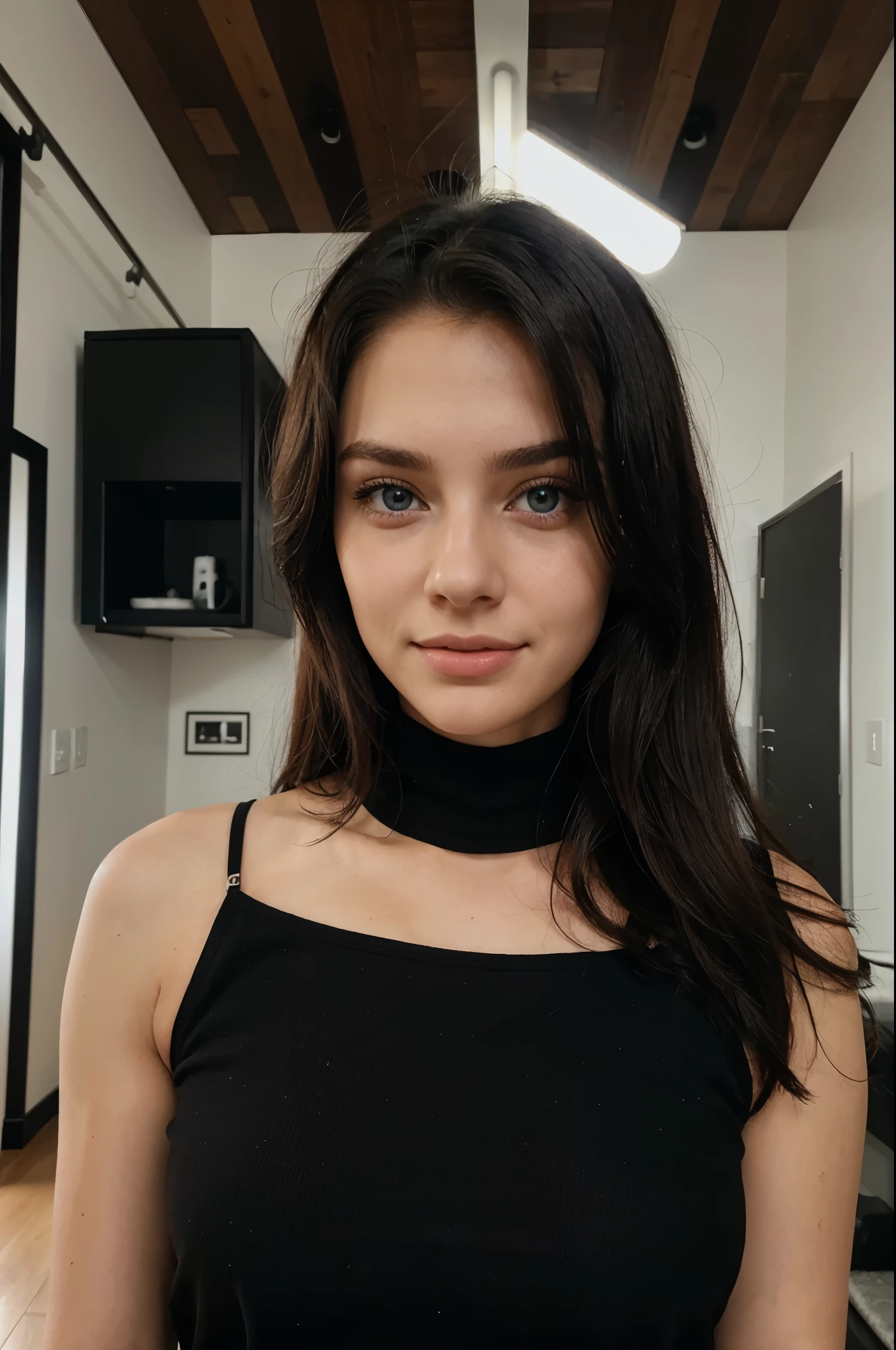 Astrid Olsen, una hermosa morena de cabello ondulado, piel ligeramente bronceada y ojos azules como el hielo., toma una selfie, vestido de noche azul