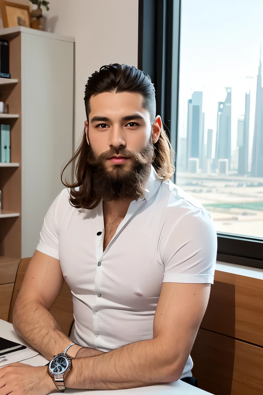 Bust of a young entrepreneur sitting behind a very close office and made with a rolex on the wrist and a square jaw with a little badly shaved but pretty beard in front of a window with a view of very chic Dubai buldings