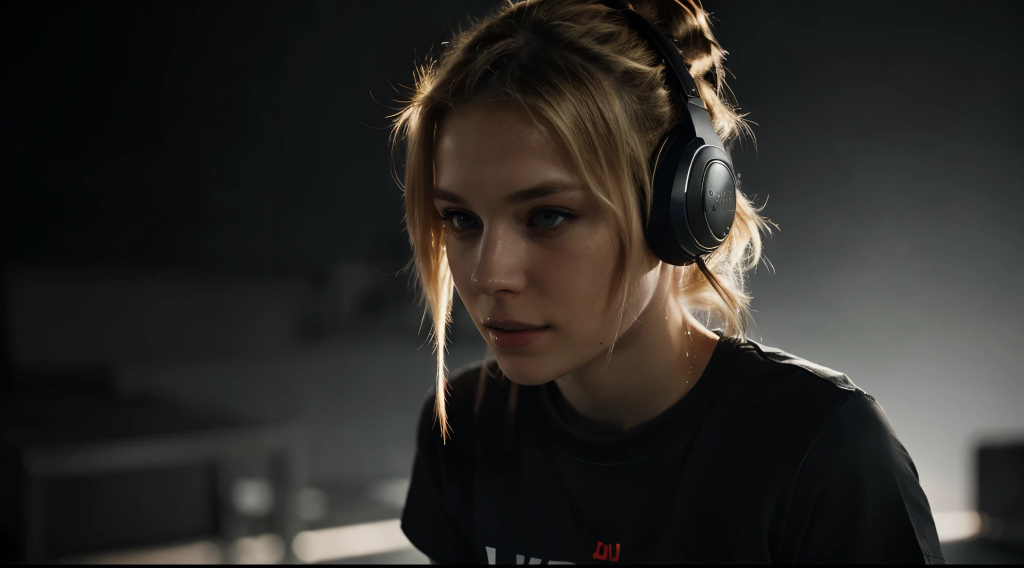 an eye contact of a blond with bun hair and dark theme, hearing music with headphones, wearing t-shirt, realistic lighting, backlighting, light on face, ray trace,