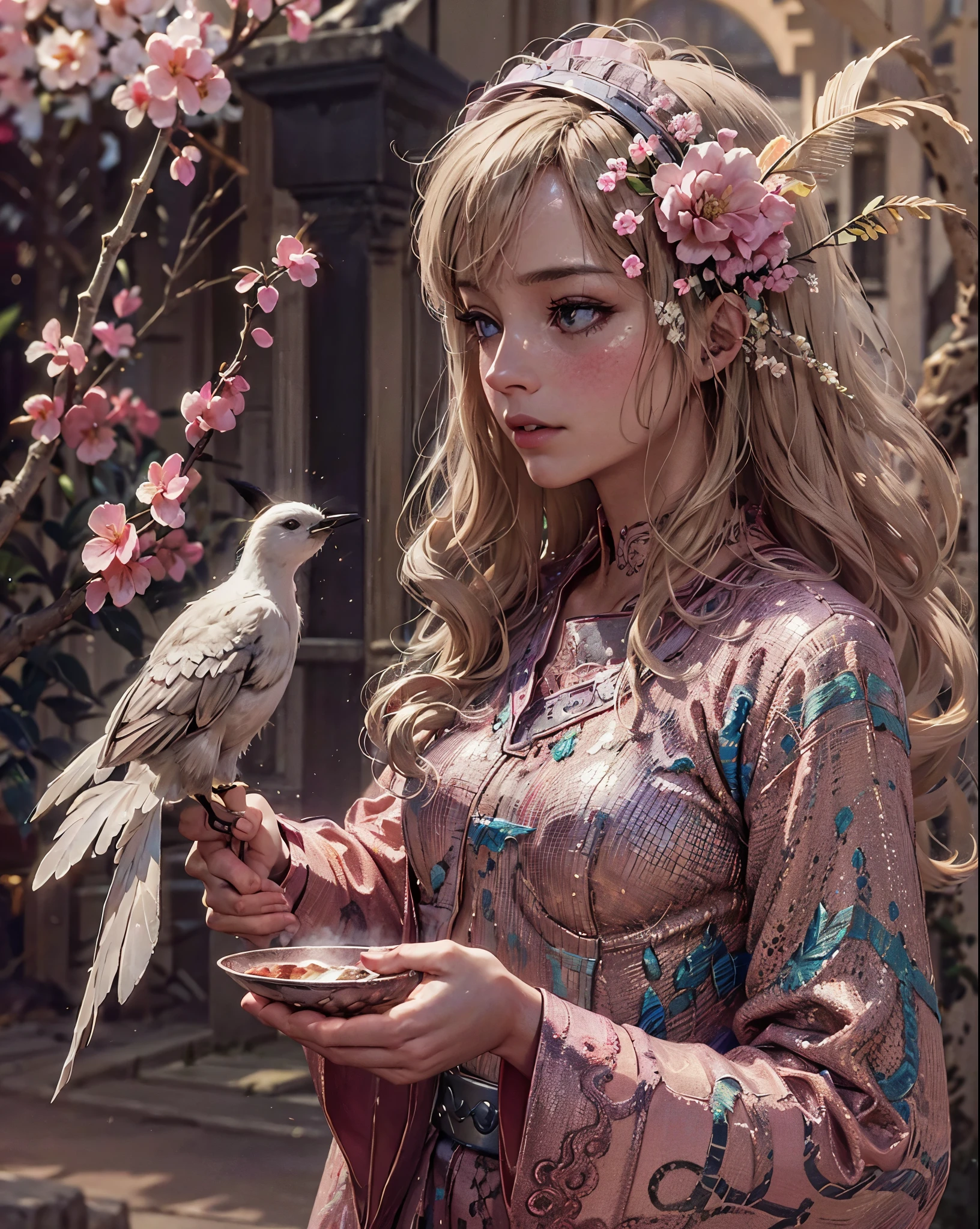 generate barbie holding a cup and a bird on her hand, beautiful digital artwork, artwork in the style of guweiz, beautiful digital art, gorgeous digital art, cute detailed digital art, beautiful gorgeous digital art, beautiful digital illustration, digital fantasy art ), beautiful fantasy art, palace ， a girl in hanfu, very beautiful digital art, oriental fantasy, masterpiece, best quality:1.2),,(8k,highres,RAW photo,realistic,photo-realistic:1.3),(detailed skin texture,detailed cloth texture,beautiful detailed face:1.25),professional lighting,photon mapping,beautiful soft light,radiosity,physically-based rendering,raytracing, model shoot style, model shoot style, (extremely detailed CG unity 8k wallpaper), full shot body photo of the most beautiful artwork in the world,