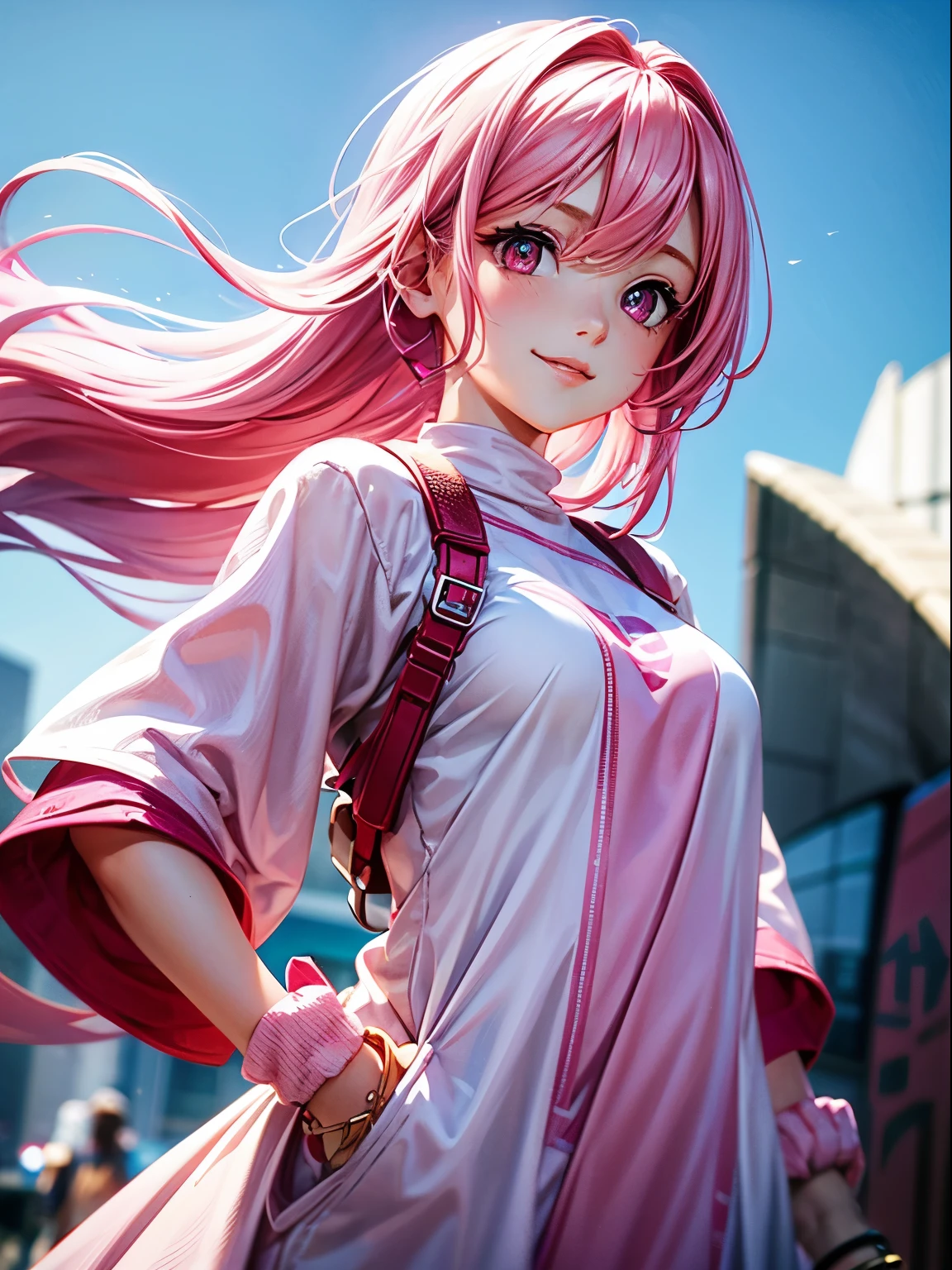 Girl, pink hair, pink eyes, white skin, looks sideways, pink clothes, solo, pink watch, pink Hair band, 1person, only upperbody and face, look in the background, smile, sky background, 4k, 8k, ultra realistic
