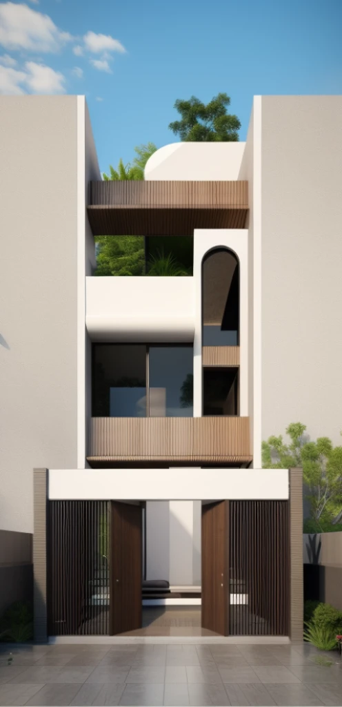 Exterior, morden house, main material about concrete, side wood, white, dynamic light, curve linear, warm light, dark light:1.3, dynamic light, shimering air