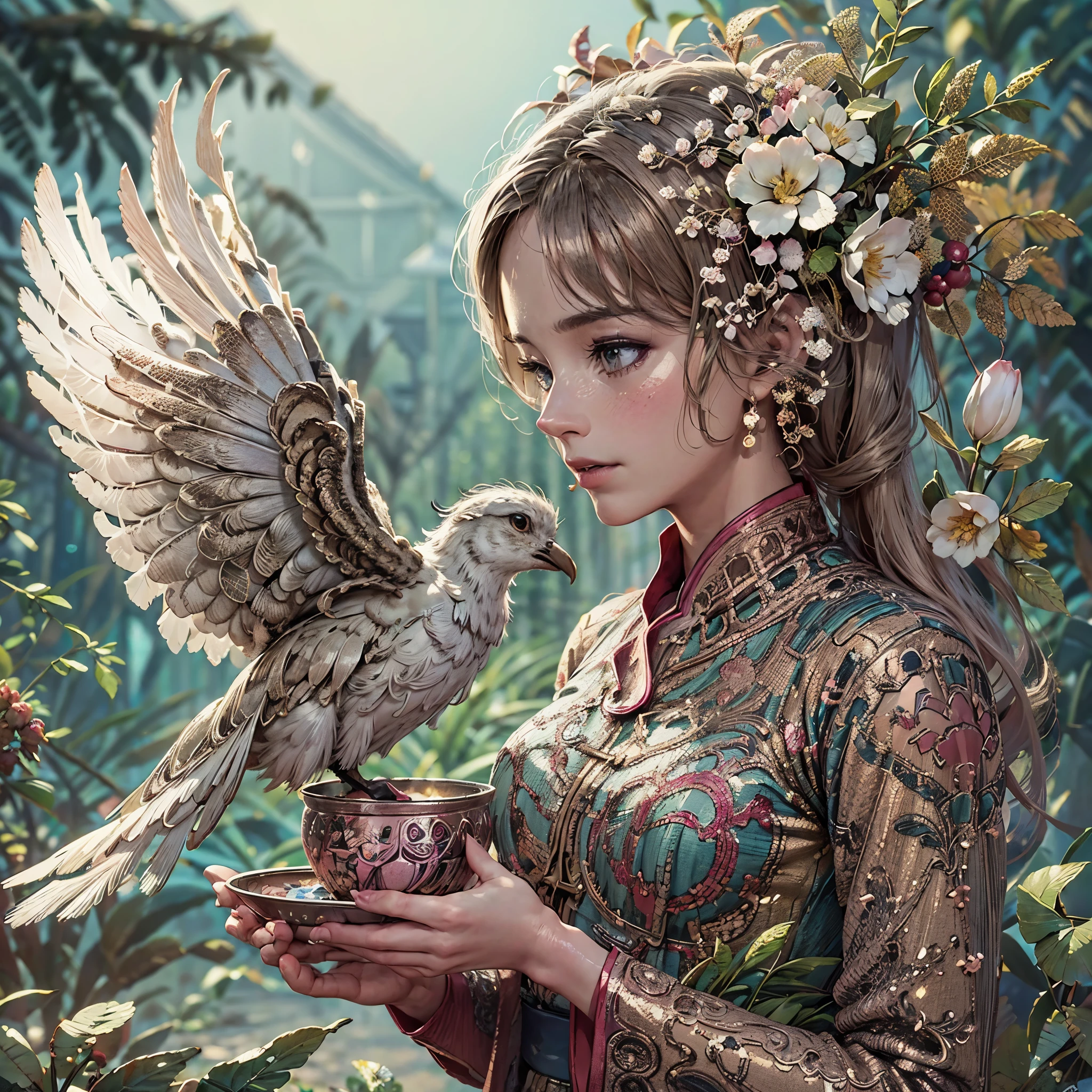 generate barbie holding a cup and a bird on her hand, beautiful digital artwork, artwork in the style of guweiz, beautiful digital art, gorgeous digital art, cute detailed digital art, beautiful gorgeous digital art, beautiful digital illustration, digital fantasy art ), beautiful fantasy art, palace ， a girl in hanfu, very beautiful digital art, oriental fantasy, masterpiece, best quality:1.2),,(8k,highres,RAW photo,realistic,photo-realistic:1.3),(detailed skin texture,detailed cloth texture,beautiful detailed face:1.25),professional lighting,photon mapping,beautiful soft light,radiosity,physically-based rendering,raytracing, model shoot style, model shoot style, (extremely detailed CG unity 8k wallpaper), full shot body photo of the most beautiful artwork in the world,