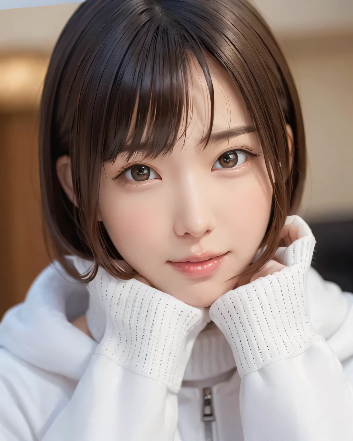 1womanl, (up of face:2.0), light brown hair, Blunt bangs, hair behind ear, hair over shoulder, Long hair, Ultra Fine Face, Thin face, eyes like delicate lips:1.5), thin blush, eyes are light brown,View here, Ultra-thin hands, Ultra-fine fingers, best ratio four finger and one thumb, white longcoat, muffler ,Bay Area, It's snowing ,One-person viewpoint, 8K, masutepiece, nffsw, Super Detail, High quality, Best Quality, hight resolution,
