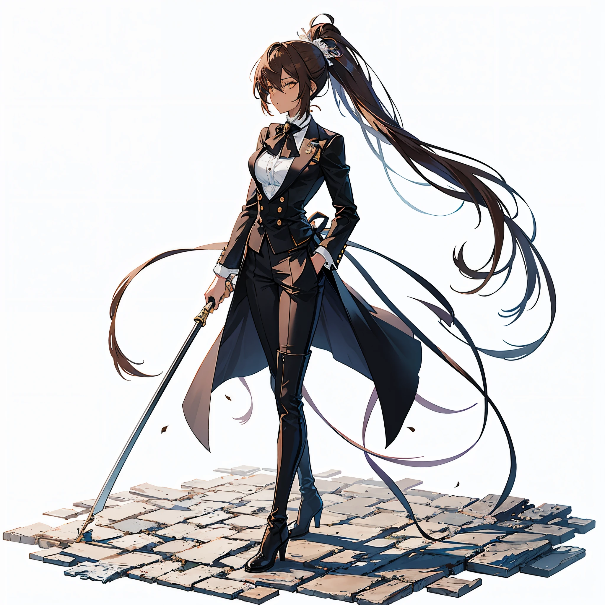 (Masterpiece, Top Quality), (Perfect female Body: 1.2), (Detailed Hair), Ultra-Detailed, Anime Style, Full Length, Solo, wearing male clothing battle butler lady, hair tied in one knot, ((brown skin)) Black outfit, well rounded body shape, On Cobblestone standing, long boots, 8K hi-res, white background, whole body,