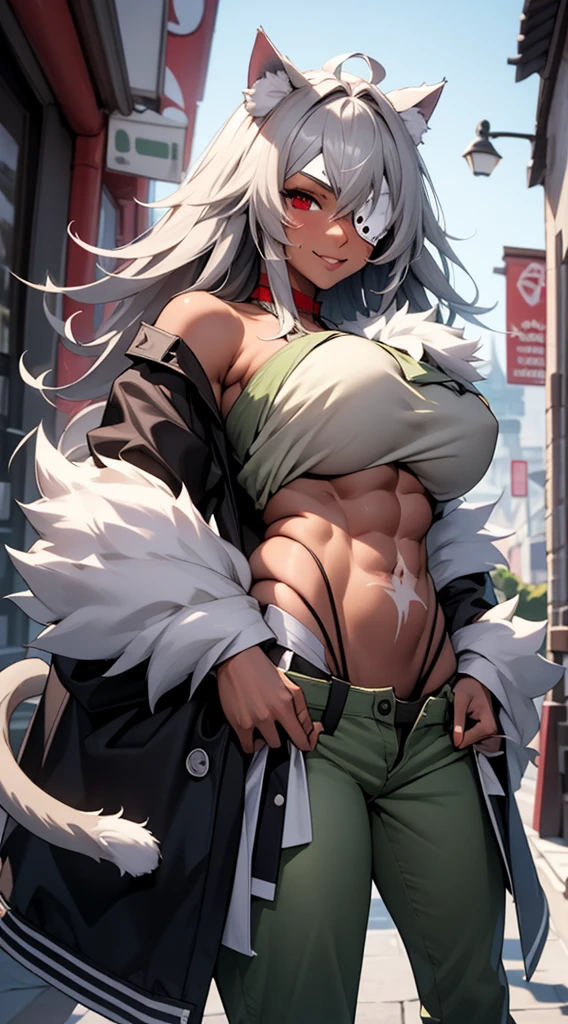 best quality, masterpiece, 1girl, (solo:1.1), raytracing, ultra detailed,detailed face, 8k wallpaper, wide hips, smile, GhislaineDedoldiaNDV, 1girl, grey hair, red eyes, animal ears, cat ears, tail, large breasts, very long hair, dark skin, muscular female, dark-skinned female, eyepatch, scar on stomach, scar on cheek, green pants, black jacket, fur trim, open pants, red choker,  outdoor