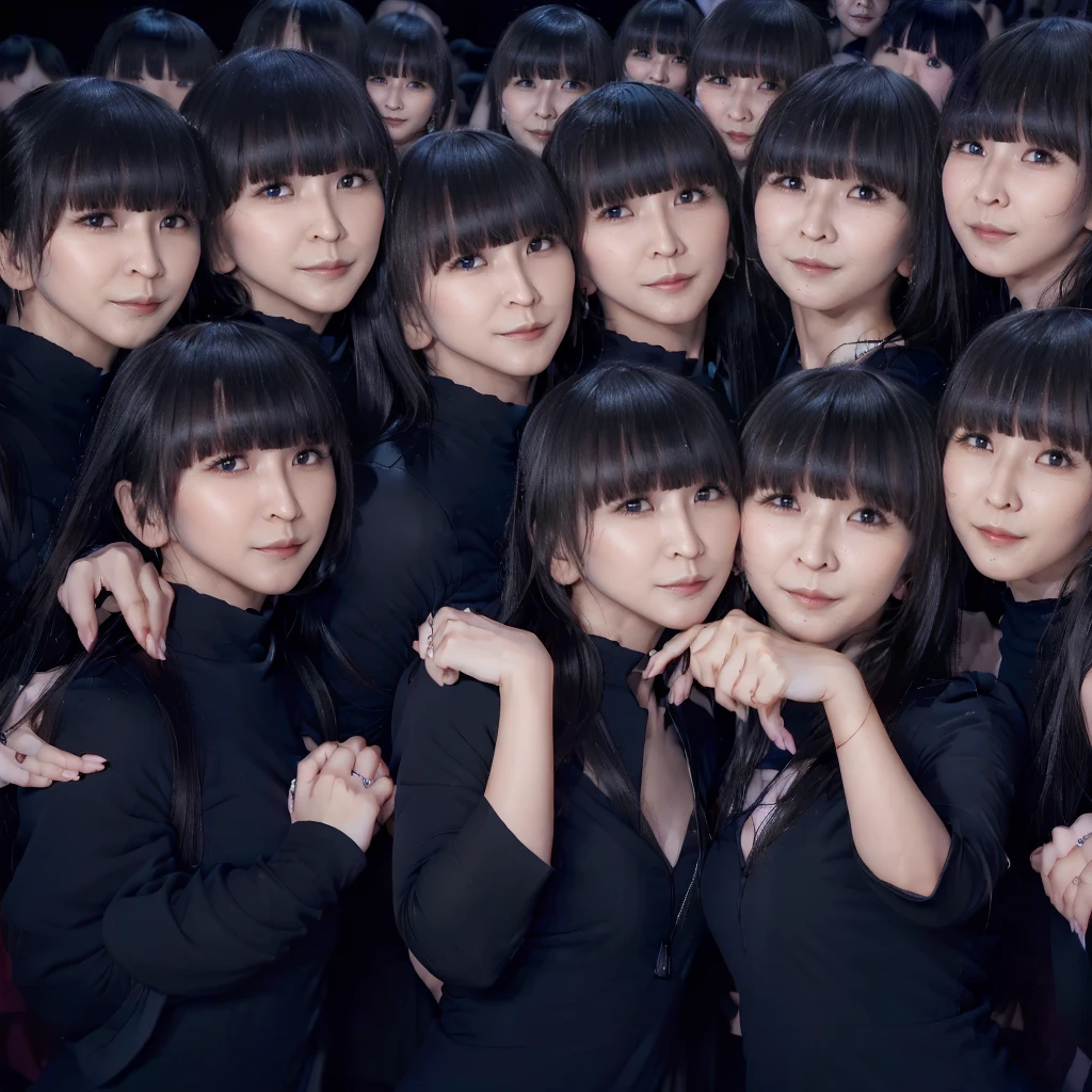 Raw photo、(((multiple girls))),((((6+girls)))),Women only、100 idols singing and dancing on stage、************,japanes、((Same height))、((matching black outfit))、The same face,((A dark-haired)),Longhaire