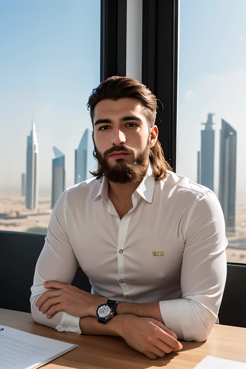 Bust of a young entrepreneur sitting behind a very close office and made with a rolex on the wrist and a square jaw with a little badly shaved but pretty beard in front of a window with a view of very chic Dubai buldings