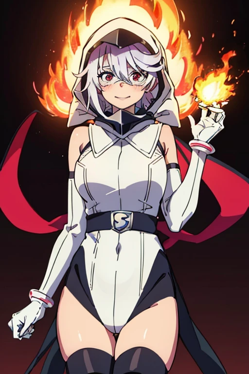 SHY, GLOVES, ELBOW GLOVES, THIGHHIGHS, WHITE GLOVES, LEOTARD, SHORT HAIR, WHITE HAIR, BOOTS, RED EYES, WHITE LEOTARD, BARE SHOULDERS, HAIR BETWEEN EYES, HIGH HEELS, (MASK:1), BELT, SCARF,HOOD,  1girl, solo, upper body, facing viewer, looking at viewer, smile, badass, flames, big boobs,