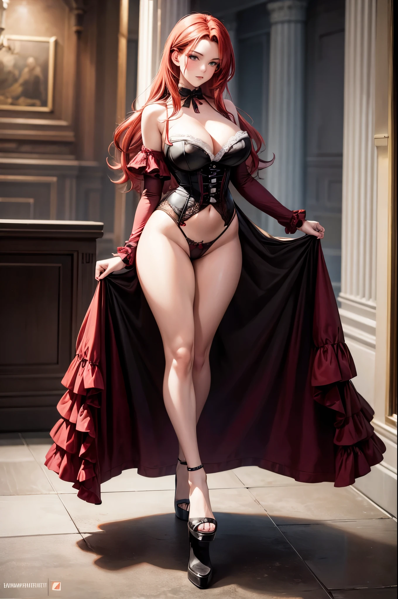 1850s, Create a series of images that blend modern aesthetics with Victorian charm, featuring a beautiful woman with red hair and green eyes in a red and black corset with matching panties posed in a beautiful Victorian rose garden, narrow waist, wide hips, round ass, large tits, photo realistic, 16k, nsfw, uncensored, (full body:1.5), seductive, pushup bra, Sexy:3, seductive