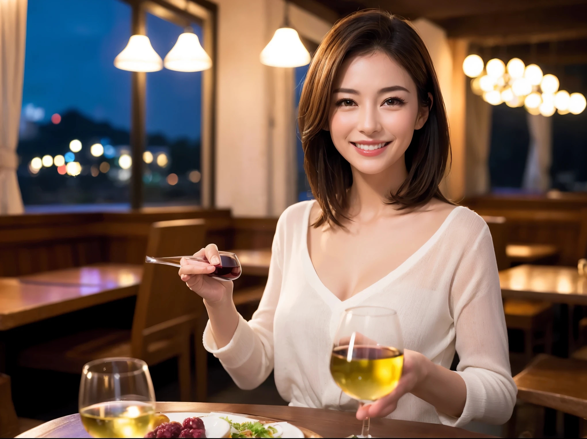 (64k uhd, nffsw, of the highest quality, masutepiece: 1.2), (Realistic, Photorealistic: 1.37), Pretty Woman 1, (Slim Face), (slimボティ), (Brown hair), (short-cut), Americana、Frenchman、cheeks blush a little, (40 years old), 38 years, Solo, A beautiful and detailed night view spreads out outside the window....., restaurant, wine glassesに座って, At night, In a prominent place (from waist up) NovaFrogStyle, actress, Model, waist-up, white wine, slim, wine glasses, Super clean night view, 真ん中に置かれたwine glasses, Happy smile, (Smile: 1.15), Beautiful fine eyes, Upper body, Bust Japan Up, Night, Short, Short, actress, Model, waist-up, white wine, slim, wine glasses, Super clean night view, 真ん中に置かれたwine glasses, Happy smile,