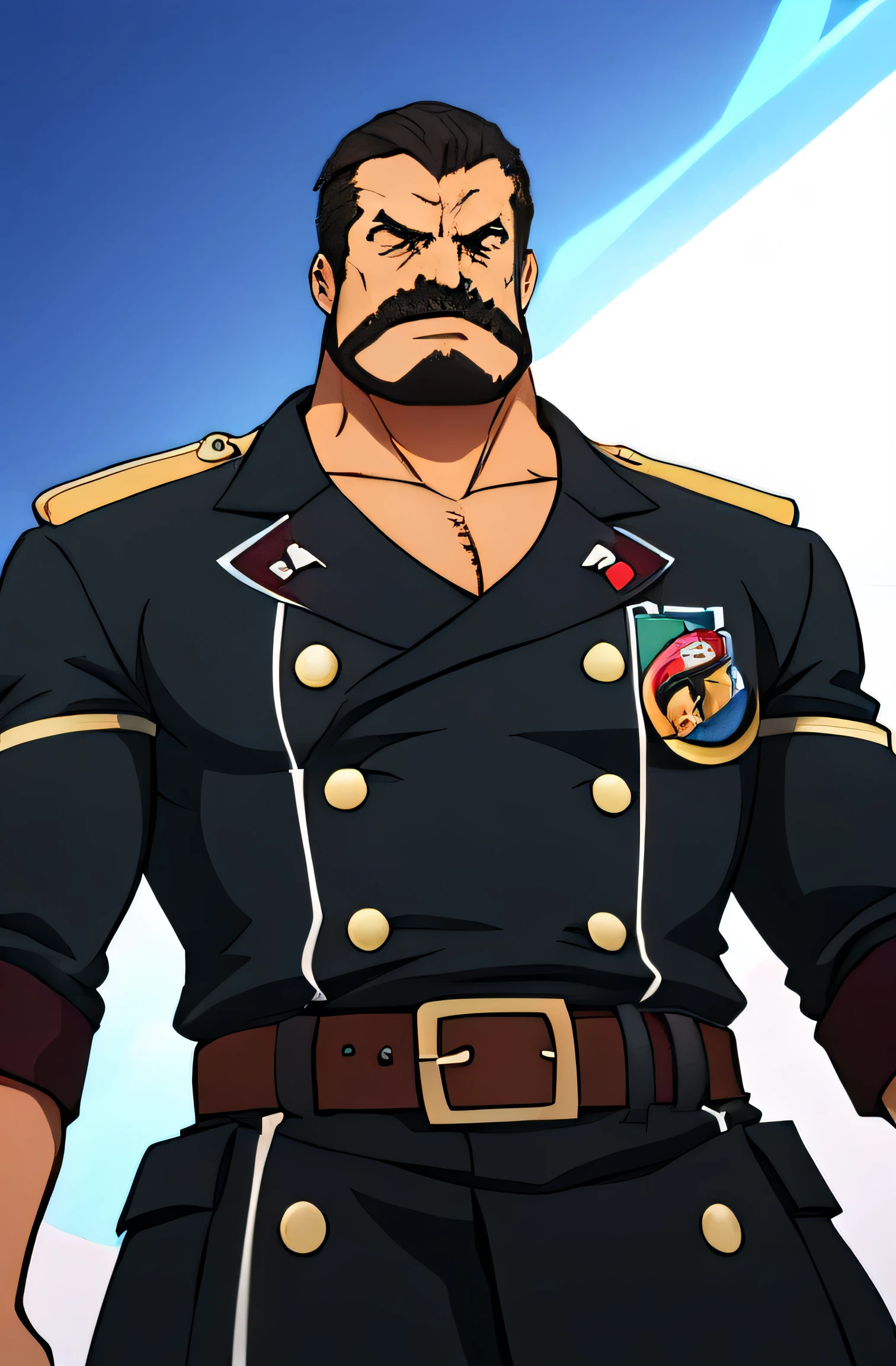 detailedfacialfeatures, strong, Confident gaze, thick mustache, sharp cheekbones, Short flat head, Uniform with badge and name tag, Intimate shirt, polished black boots, utility belt,With belt and radio, strong physique, Muscular, The expression is serious, Professional stance, standing with arms crossed, Background with, enviroment, Daytime lighting, Bold and vibrant colors, Effectiveness of the Human Development Report,facial closeups