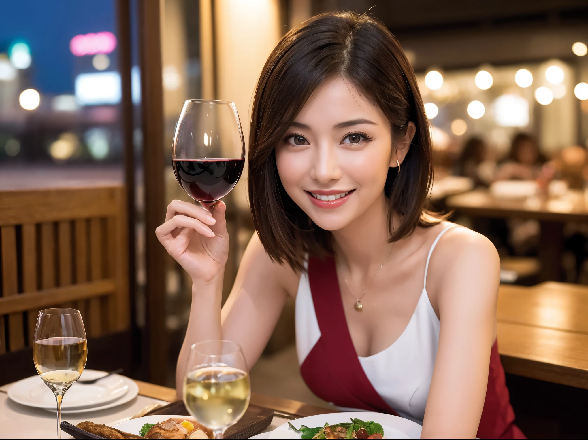 (64k uhd, nffsw, of the highest quality, masutepiece: 1.2), (Realistic, Photorealistic: 1.37), Pretty Woman 1, (Slim Face), (slimボティ), (Brown hair), (short-cut), Americana、Frenchman、cheeks blush a little, (40 years old), 38 years, Solo, A beautiful and detailed night view spreads out outside the window....., restaurant, wine glassesに座って, At night, In a prominent place (from waist up) NovaFrogStyle, actress, Model, waist-up, white wine, slim, wine glasses, Super clean night view, 真ん中に置かれたwine glasses, Happy smile, (Smile: 1.15), Beautiful fine eyes, Upper body, Bust Japan Up, Night, Short, Short, actress, Model, waist-up, white wine, slim, wine glasses, Super clean night view, 真ん中に置かれたwine glasses, Happy smile,