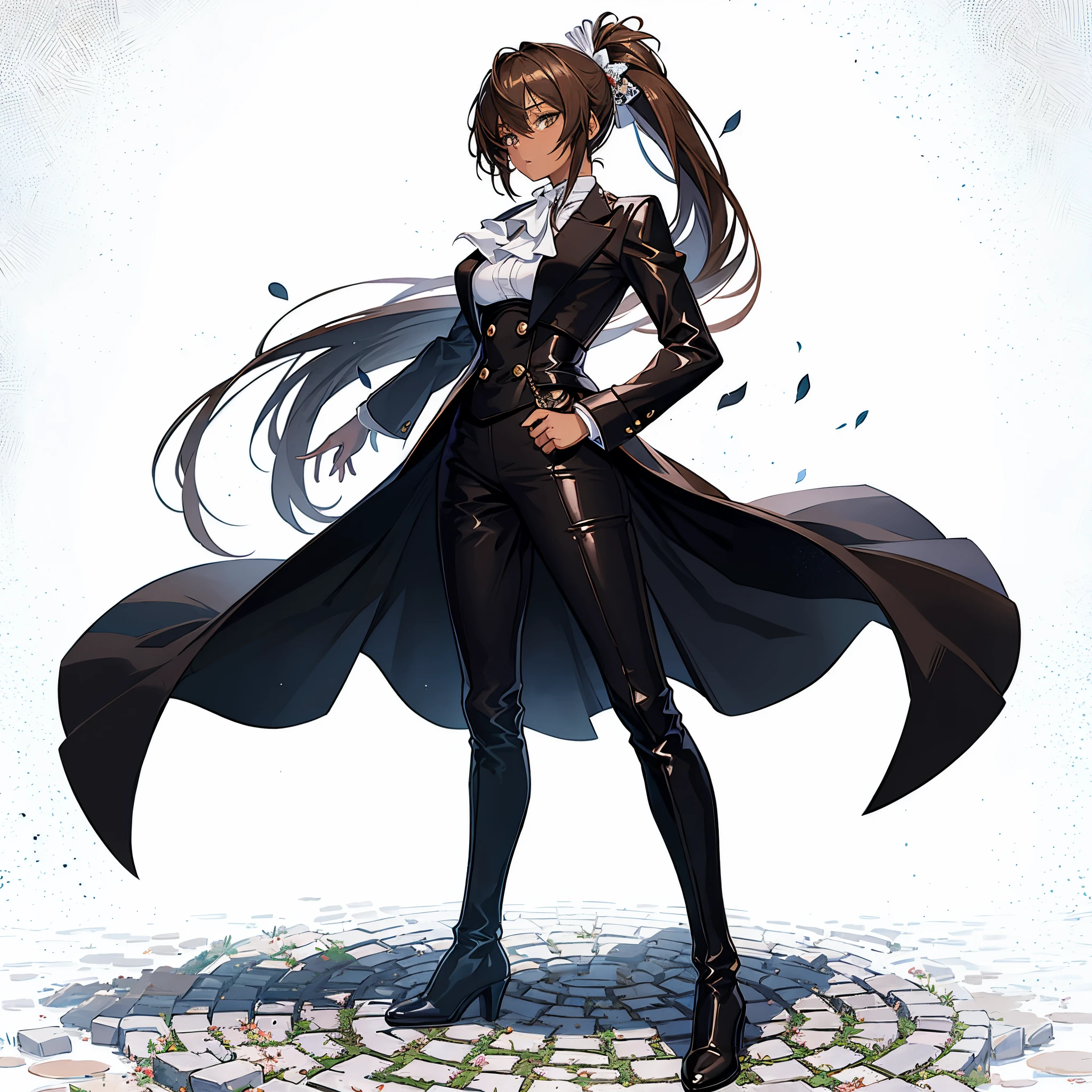 (Masterpiece, Top Quality), (Perfect female Body: 1.2), (Detailed Hair), Ultra-Detailed, Anime Style, Full Length, Solo, wearing male clothing battle butler lady, hair tied in one knot, ((brown skin)) Black outfit, well rounded body shape, On Cobblestone standing, long boots, 8K hi-res, white background, whole body,