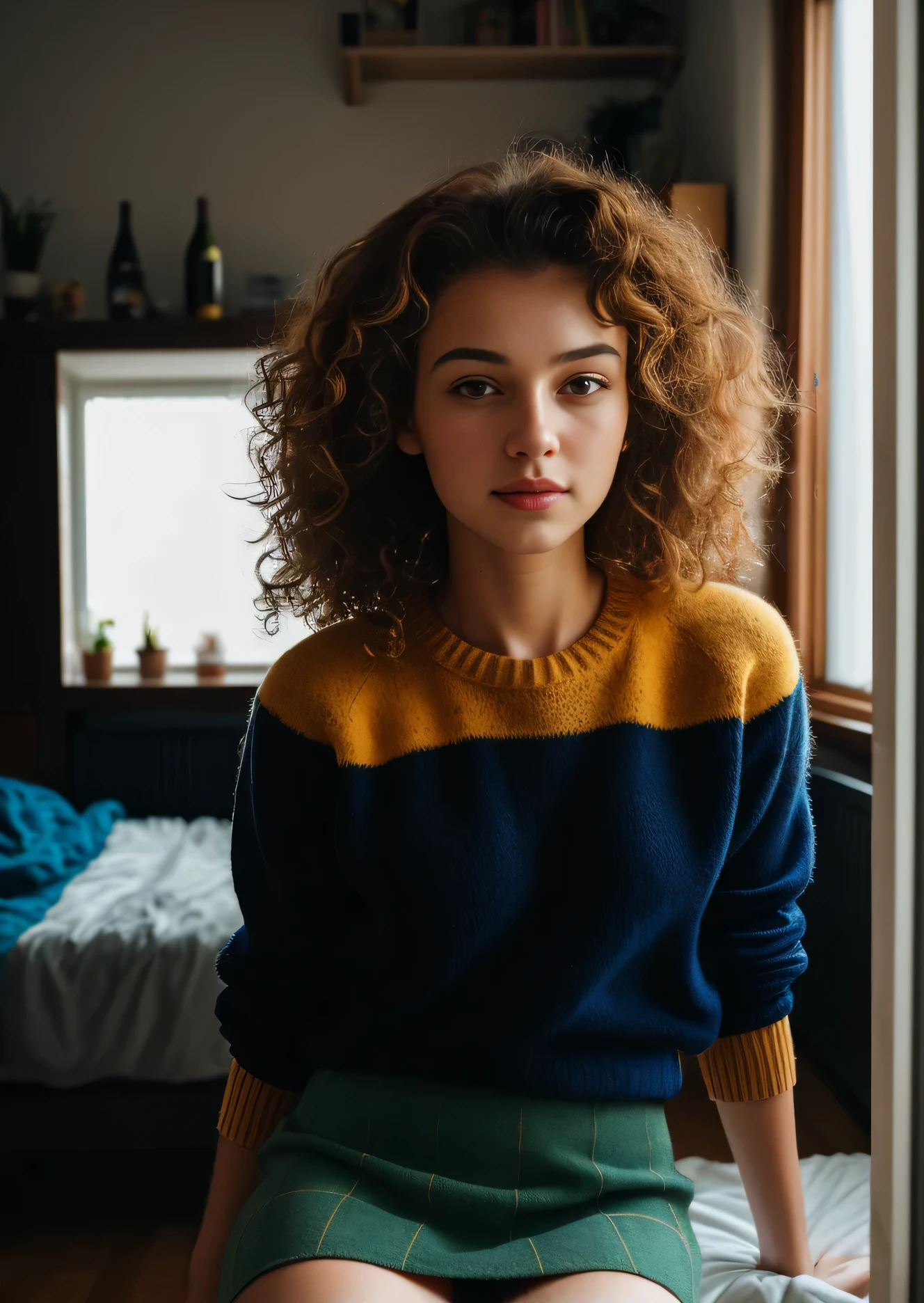 arafed woman with curly hair posing in a studio in her cozy apartment, beautiful young girl, gorgeous young model, by irakli nadar, cute young woman, anna nikonova aka newmilky, very beautiful young woman, high quality photo, sofya emelenko, beautiful young woman, photo of a beautiful girl, very beautiful girl, messy curly hair, wearing a yellow colored cozy short sweater and skirt, drinking champaign and sitting in her room. Face is colored in different colors, for carneval