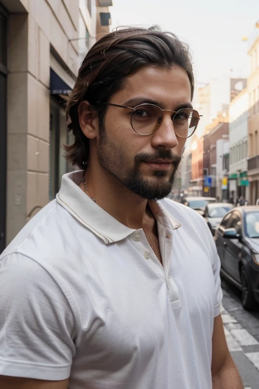 Foto realista de modelo masculino, cabelo castanho e curto, olhos castanhos, sorrindo levemente, em nova york, maxilar quadrado, com barba rala, sedutor, rico, foto para perfil no instagram, usando camisa polo, oculos escuros, serious face, italiano.
