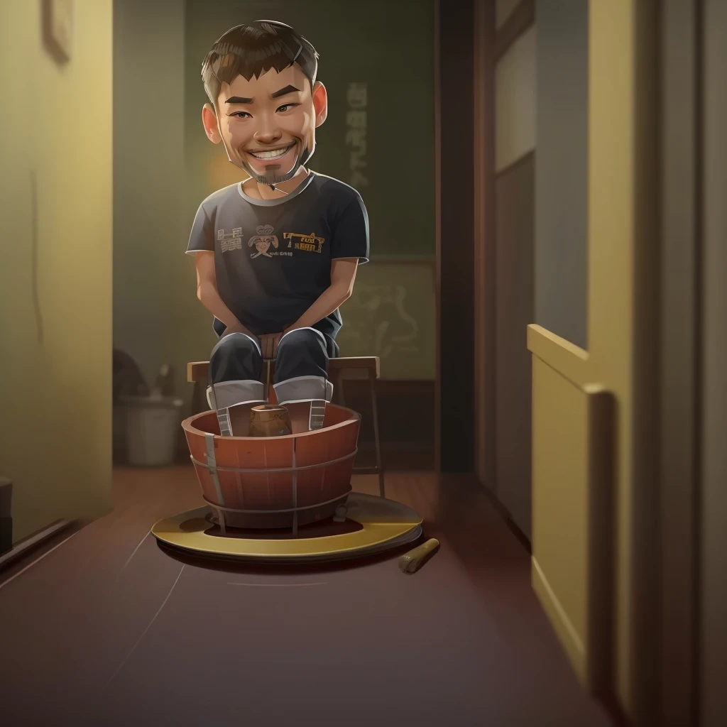 A man sitting in a bucket，Caricature with a smile on his face, Rob Ray and Kentaro Miura style, Rob Ray and Kentaro Miura style, inspired by Tooth Wu, High-quality portraits, akihiko yoshida. unreal-engine, High-quality fanart, Wop and Rose Tran, Inspired by Kim Young Hwan, official fan art