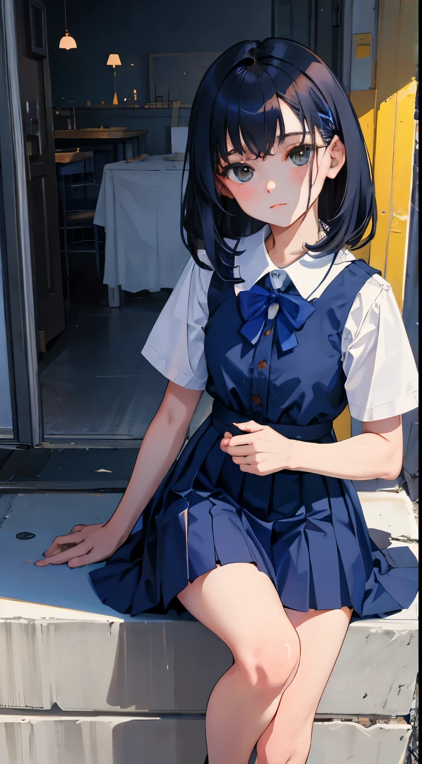 full bodyesbian,(),(masterpiece,Highest Quality),shortsleeves,Dark blue pleated skirt,A dark-haired,Summer Classroom
