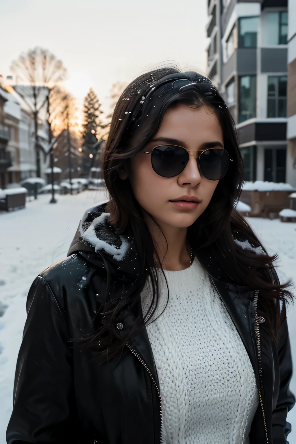 woman in black jacket and sunglasses taking selfie in snow, 22-year-old woman, with sunglasses, inspired by Ion Andreescu, she is facing the camera, wearing versace sunglasses, 8k selfie photograph, anna nikonova aka newmilky, dasha taran, ekaterina, young and cute, 22 years old, photorealistic,
