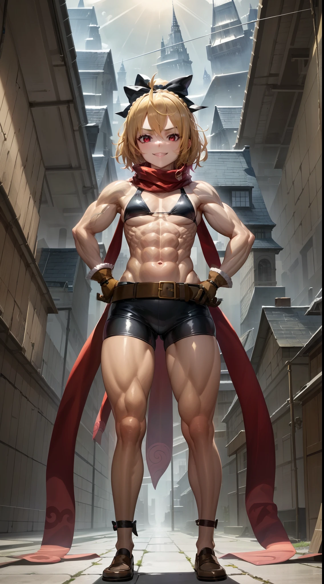 best quality, 4k, ((masterpiece)), extremely detailed, 8k, Trending in ArtStation, intricate, very high detail, sharp focus, detailed backfloor, (Fantasy City: 1.4), Roof, 1girl, floor, navel, arch, (blond hair), red eyes, hair bow, red scarf, braid, short hair, small breasts, standing, Looking at the Viewer, smile, midriff, blonde hair, black bow, {{{very short and sexy bikini} }}, Gloves, brown Gloves, (muscular legs), muscular belly, looking straight ahead at me with hands on hips