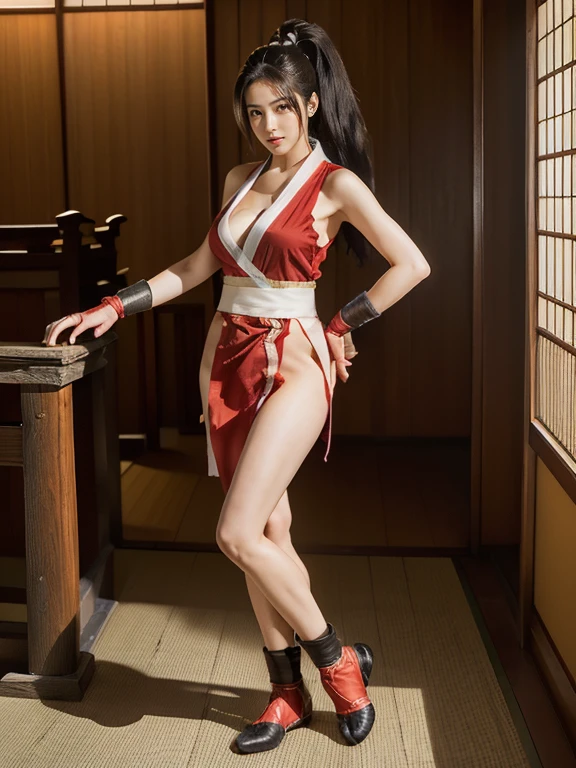 (mai shiranui:1.6), (tabi:2.0), (toe:1.2), (Full body portrait:2.0), Full body, (Realism), (masutepiece:2.0), (Best Quality), (ultra-detailliert), (8K, 4K, Convoluted), (Flat Lighting:1.2), (skinny), Prestige, Brown eyes, Long hair, brown eyes, long hair, brown hair, white ribbon, sleeveless, ponytail, sash, pelvic curtain, arm guards, gloves, tabi, fascinated expression, Sexy eyes, slim, medium breasts, Smile, Cute, view the viewer, Long hair, Close to Japan temple, (breasts focus:1.2), (Realistic:1.2), (Full Shot: 1.2), (85 mm), light Particle, Lighting, (Highly detailed:1.2), (Detailed face:1.2), (gradients), SFV, Colorful, (Detailed eyes:1.2), (Detailed temples of Japan: 1.2),(Detailed background), (Dynamic Angle:1.2), (Line of action:1.2), Wide Shot, Daylight, Solo.