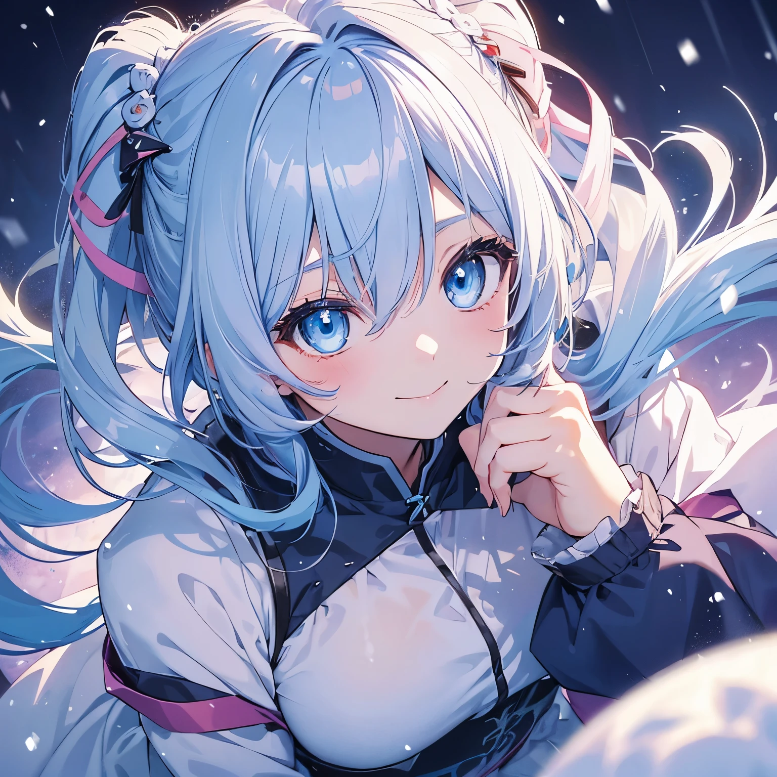 (((Delicat eyes)))、(((zoomed)))、A slight smil、an anime girl, shorth hair, 可愛いan anime girl,Light blue hair,hair adornments、Twin-tailed、a smile、guweiz、Lots of snow、It's snowing