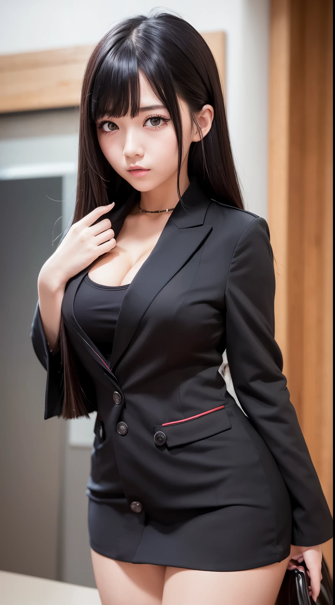 ((Best Quality)), ((masutepiece)), (Detailed), (highlight), Perfect face Young girl with detailed face showing cleavage、Red eyes and long, thick, glossy, beautiful black hair with blunt bangs、Single-color background、Standing wearing school uniform with blazer and miniskirt、