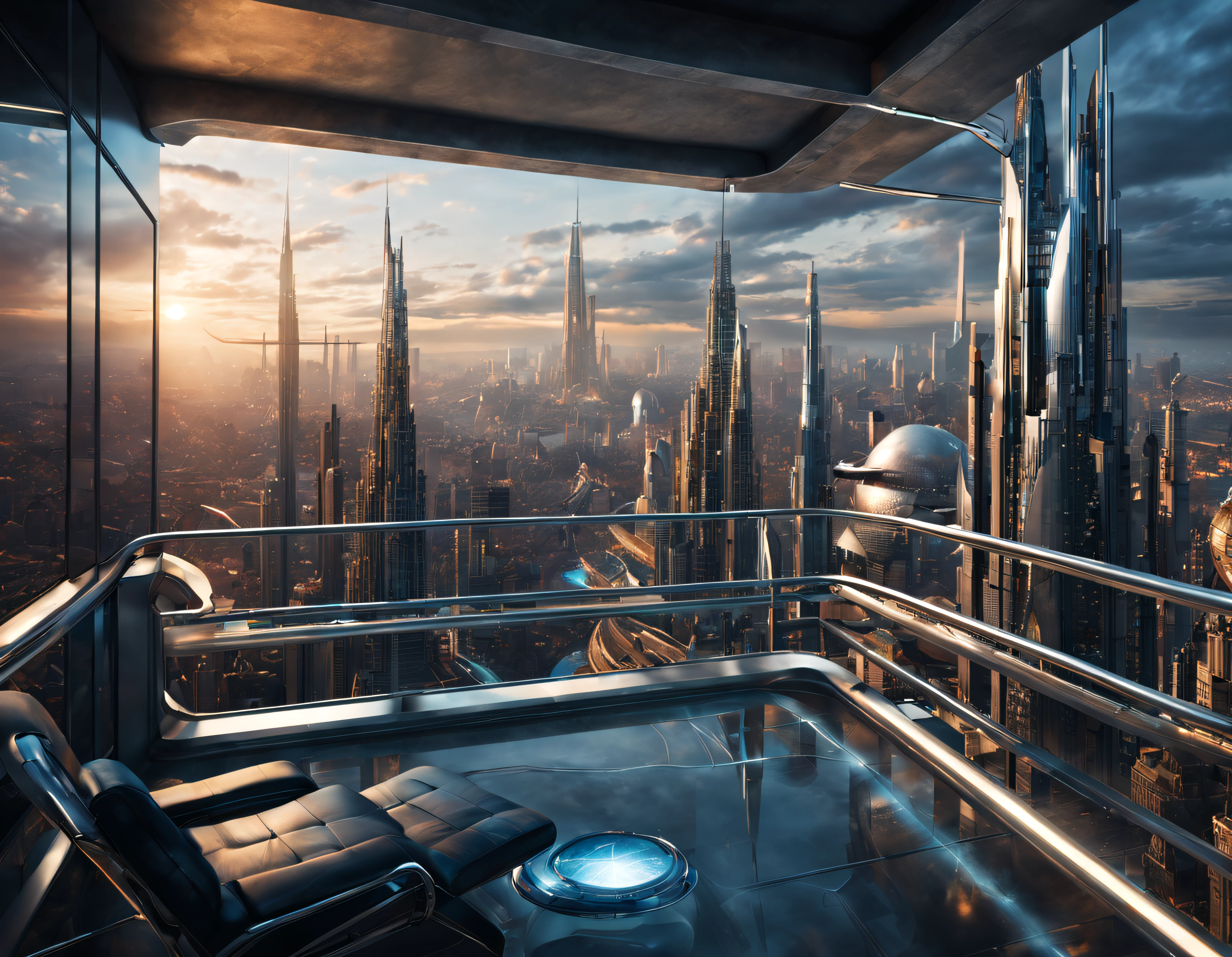 vista desde una terraza de una ciudad futurista, con inmensos edificios metalicos, grandes bovedas acristaladas, puentes de union entre edificios, terrazas y ventanas iluminadas, todo parecido a la ciudad futurista de la pelicula tomorrwland, intrincados detalles de la maquina de la mas alta calidad, estilo cinematografico, nitidez absoluta, imagen 8k.(obra maestra).