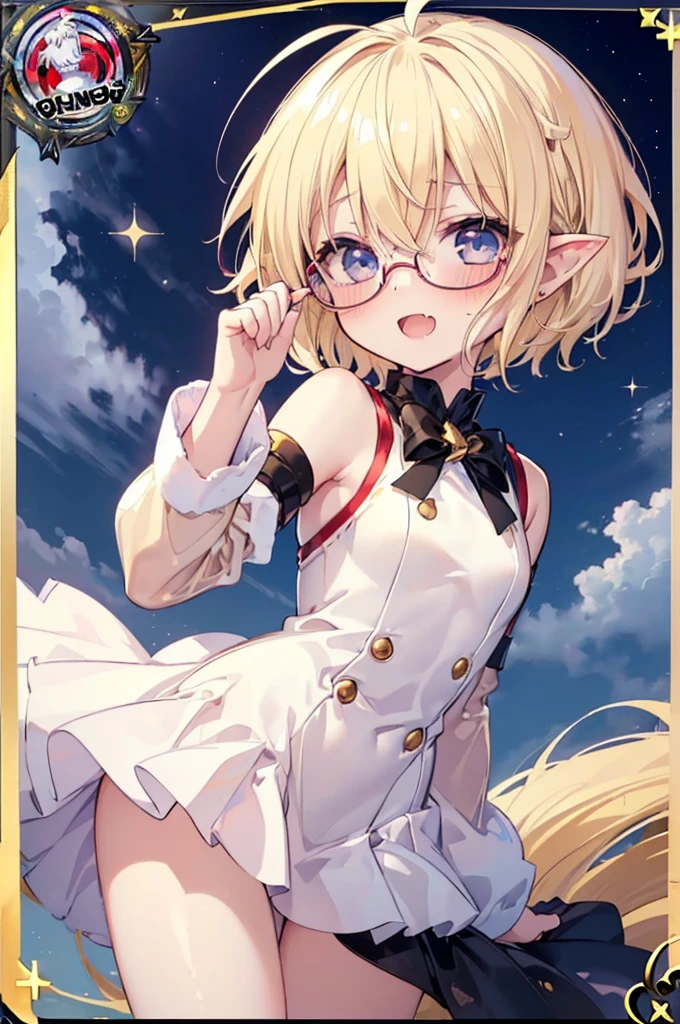 ultra detailed, best quality, high resolution, ((16k)), ((1girl)), pale skin, petite, (glossy blonde hair:1.5), (very short hair), (ahoge:1.3), (glasses), pointy ears, (blush:1.5), blue eyes, large breasts, ((fang)), happy smile, open mouth, ((single short braid:0.8)), cowboy shot, (rainbow background), ((forehead:1.3)), (thick eyebrows:1.3), ((nsfw)), ((nude))