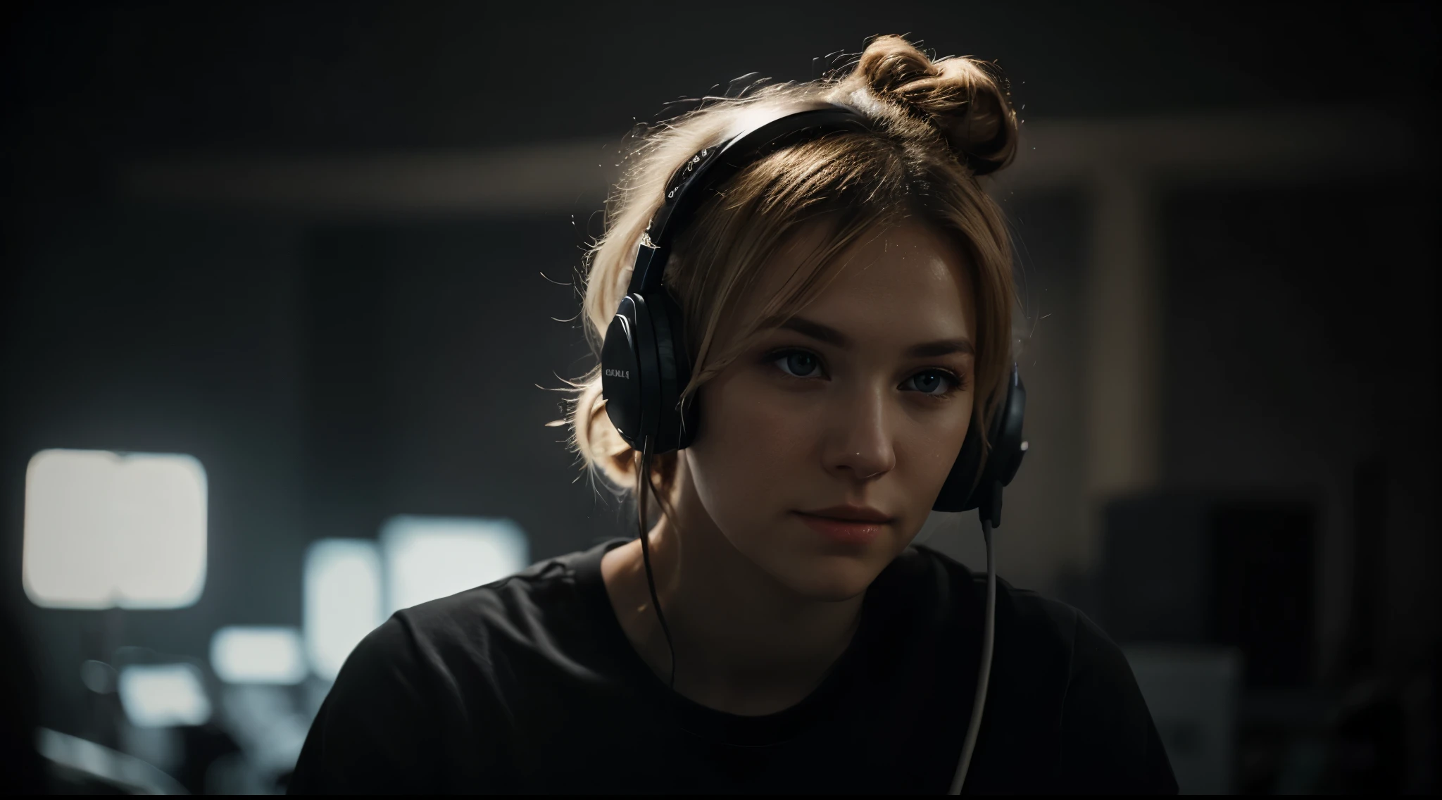 an eye contact of a blond with bun hair and dark theme, hearing music with headphones, wearing t-shirt, realistic lighting, light on face, ray trace,