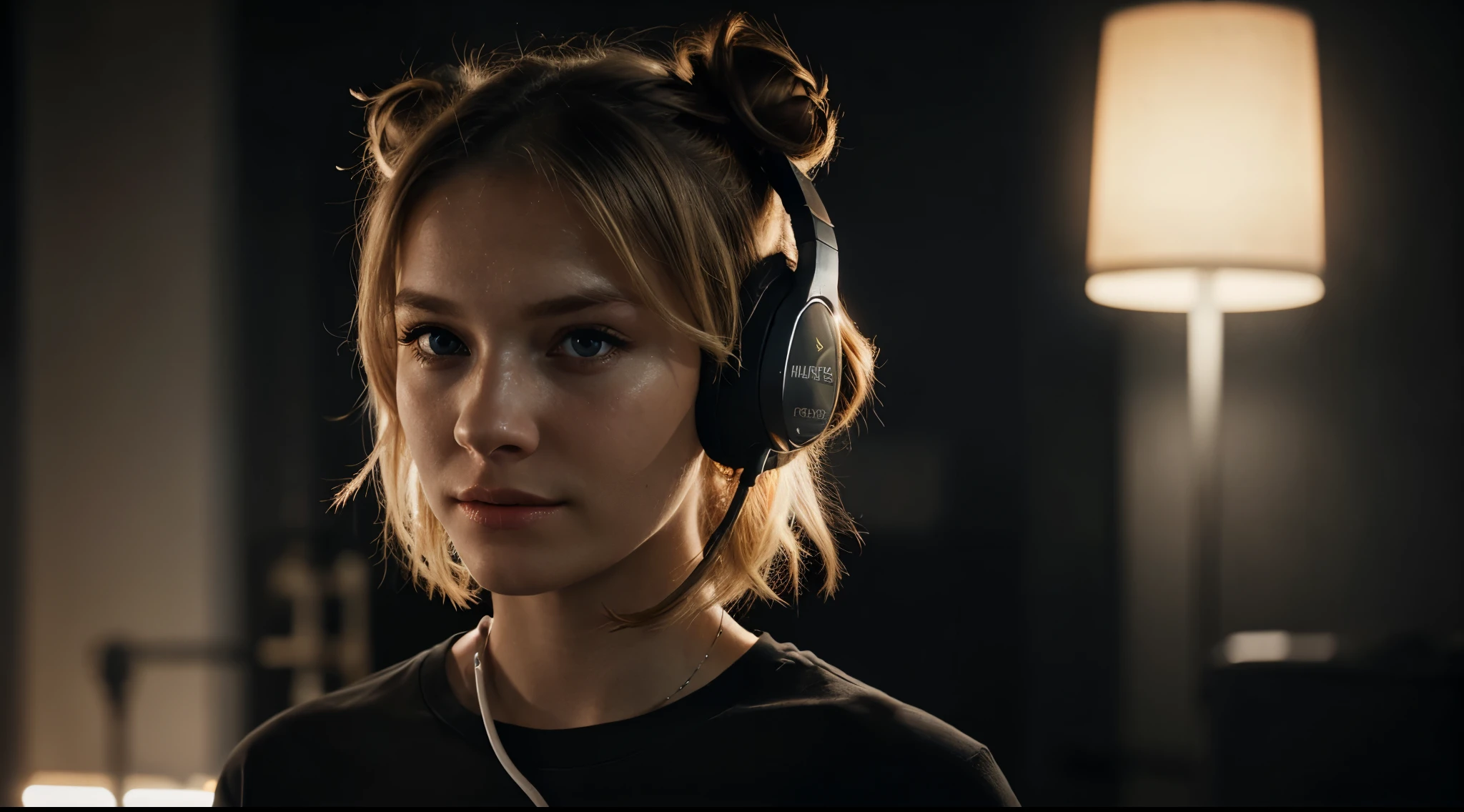 an eye contact of a blond with bun hair and dark theme, hearing music with headphones, wearing t-shirt, realistic lighting, light on face, ray trace,