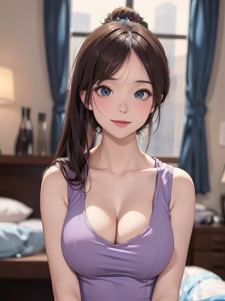 (masutepiece: 1.3), (max resolution: 1.2), (Ultra HDTV: 1.2), cinematric light, 8K resolution, Detailed eyes and skin, detailed facial features, Perfect limbs、Perfect fingers、Anatomically accurate body, Fingers in natural shape, Realistic texture, (Focus on the whole body), Perfect Style, (Beautiful face, kawaii eyes, Clear eyes、realisticeyes), acurate, Anatomically correct, Highly detailed facial and skin texture, Detailed eyes, Double eyelids, Thin eyebrows, Glitter Eyeliner, Natural cheeks, Glossy skin, Fair skin: 1.2, (Glossy lips: 1.2), (#Slim waist), cleavage of the breast, Full body like, (Firm chest, large udder:1.3), (Neat and clean woman, Cheerful woman:1.5), 20yr old, 1 persons, bangs flowing diagonally, light chestnut hair, Curled hair,(sleeveless, Tank tops, JINS:1.3), (Room at home:1.2),