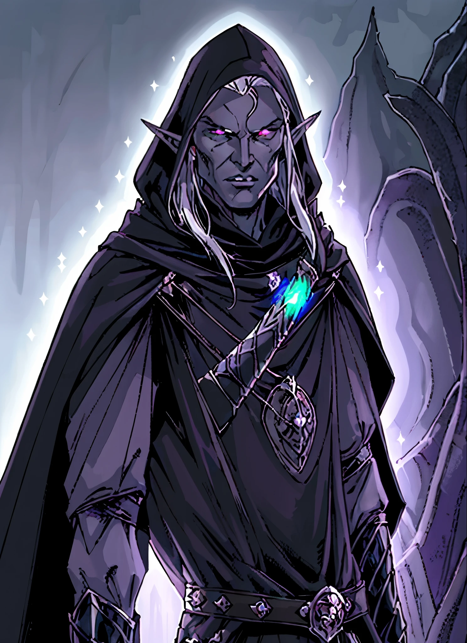 drow, Male, pointy ears, solo, elf, hood, colored skin, looking at viewer, long silver hair, cloak, dark elf, hood up, cape, hooded cloak, belt, pouch, lavender eyes, grey skin, upper body, weapon, glowing eyes, lips, armour, ((masterpiece, best quality))