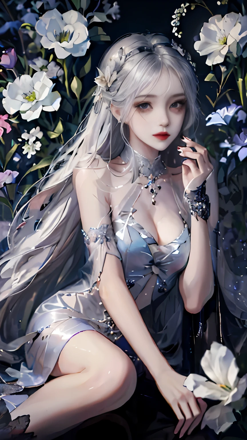 1girl, long hair, flower, Lisianthus, in the style of silver and light azure, dreamy and romantic compositions, silver, ethereal foliage, playful arrangements, fantasy, high contrast, ink strokes, explosions, over exposure, silver and black tone impression, abstract, attractive pose, sitting,