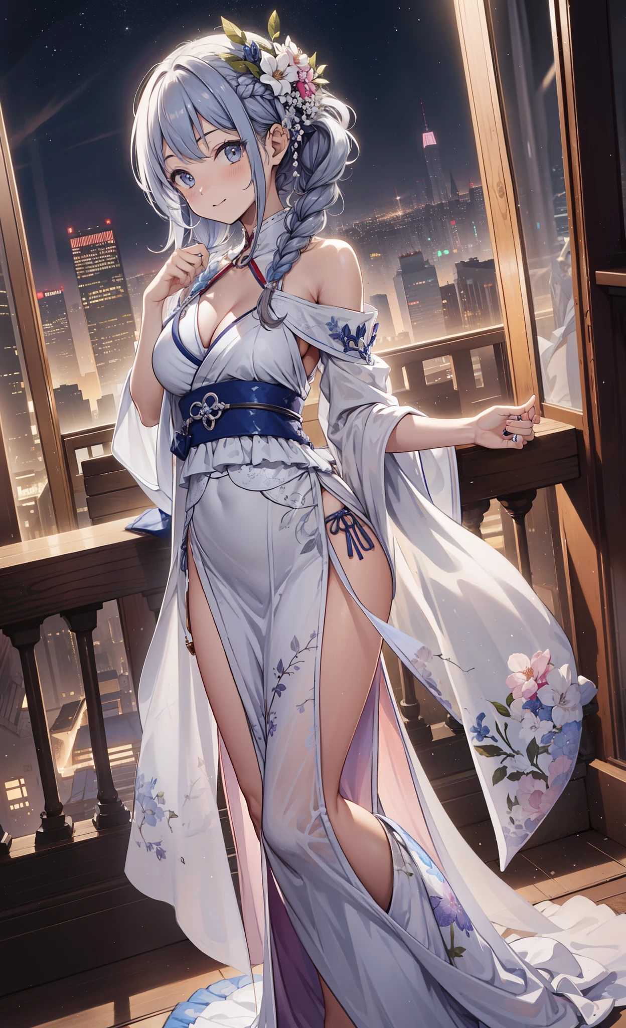 nsfw:1.5,1girl, Solo, Happy New Year, First visit, (Visit), Shrine in the background, Wearing a white kimono, cleavage, Beautiful silver hair, hair arrange, Beautiful white eyes, 🤍, Beautiful brooch, Pink lips, (white fluff around the neck), sandals on feet,