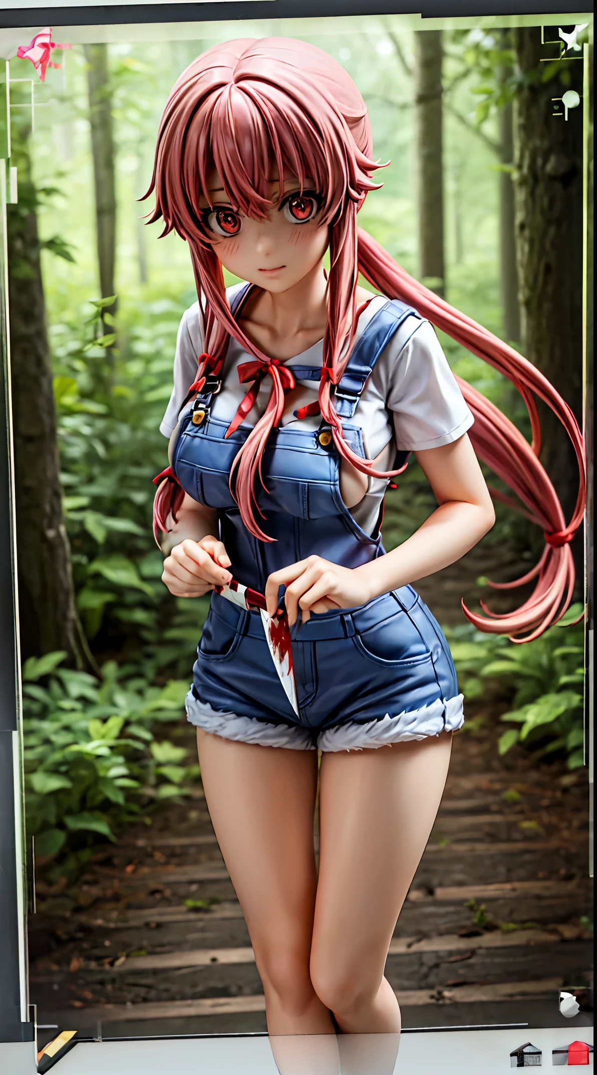 explicit, beautiful, amazing, high quality, detailed background, a woman with large breast in a woods, 1girl, breasts , , , pink hair, large breasts, twintails, long hair, solo focus, mirai nikki, black choker, dark grey overalls, leather gloves, black bootace mask)), red eyes, chasing you through the woods, ((nigth)), crazy, ((crazy eyes)), ((crazy stare)) holding a bloody knife, (fanart of Gasai Yuno), (angry eyes:1.1), (perfect hands:1.4), (masterpiece), best quality, expressive eyes, VHS, ((nigth)), (Parfect Hand:1.3), 4k, 8k, 1980s, from below, (standing over you), wearing a jacket, (Blood:1.1)