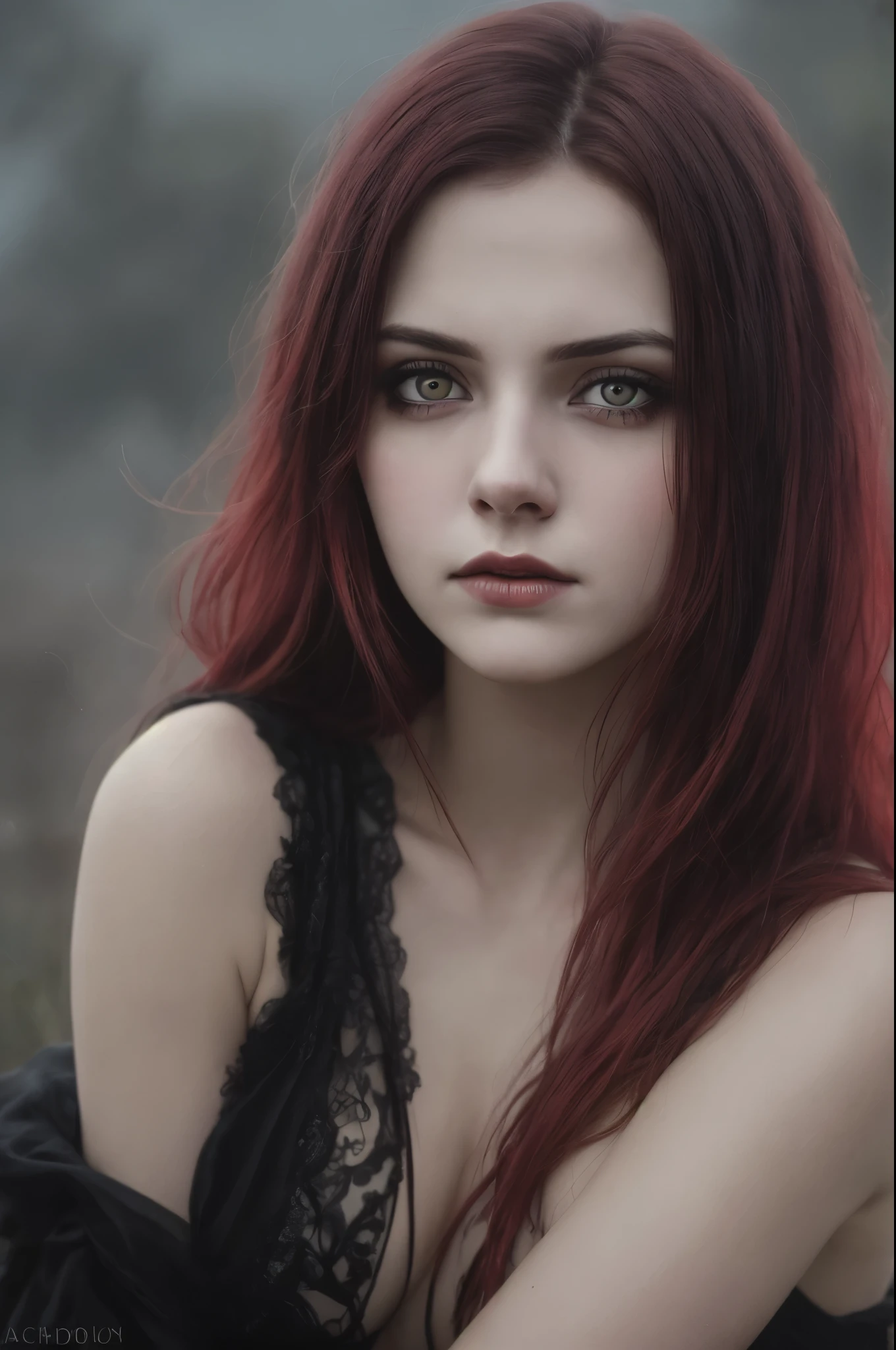 (Realisttic:1.2), analog photo style, cute woman with short black-red multicolored hair, red eyes, (Gloomy and dark atmosphere), soft natural light, faded colours, sexy, great quality, Masterpiece, detailed fantasy background, better performance, 16k quality, HDR, RAW photo