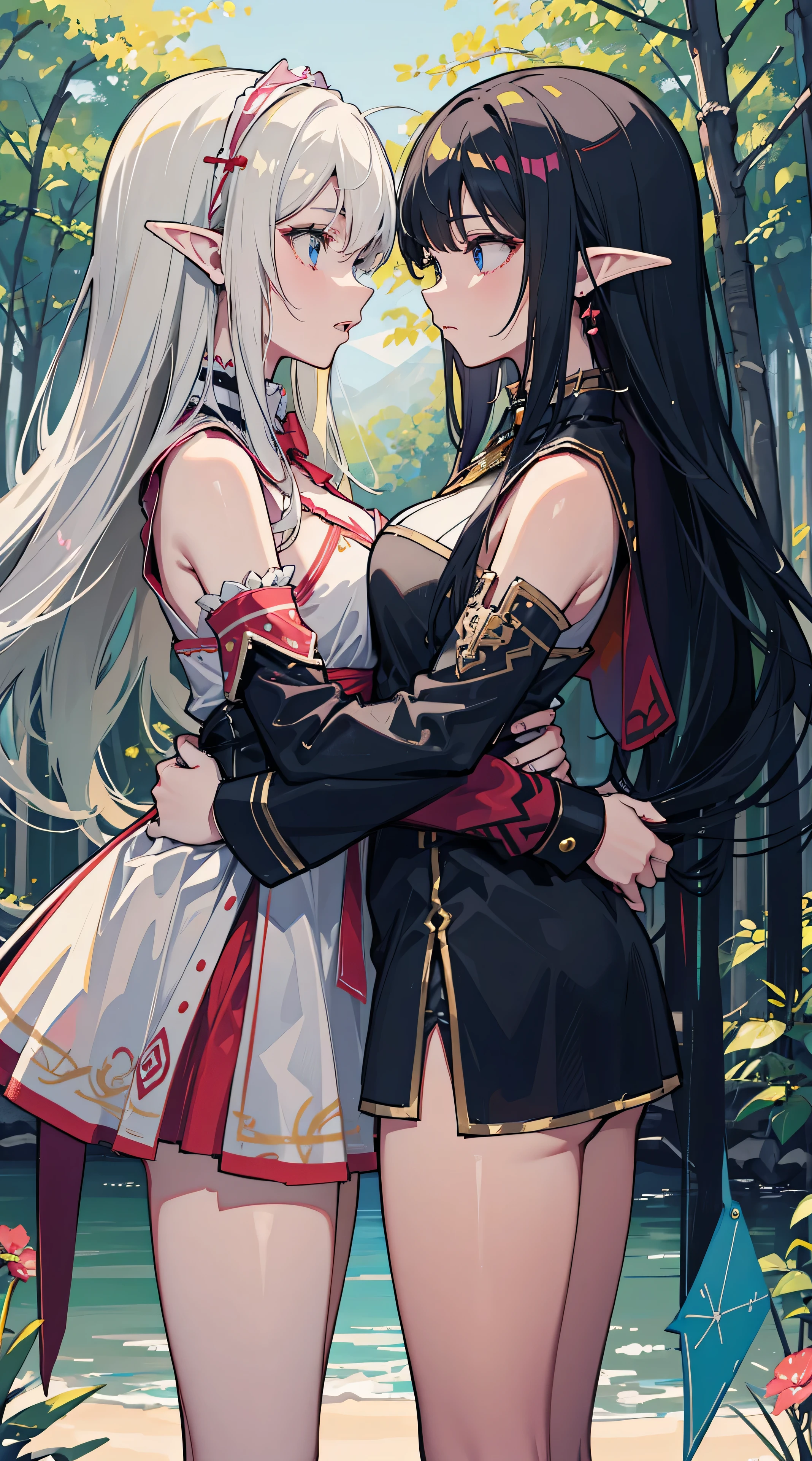 Two female elves,Equal stature,One red and one blue,face to face,hold each other tight,face to face,at a forest