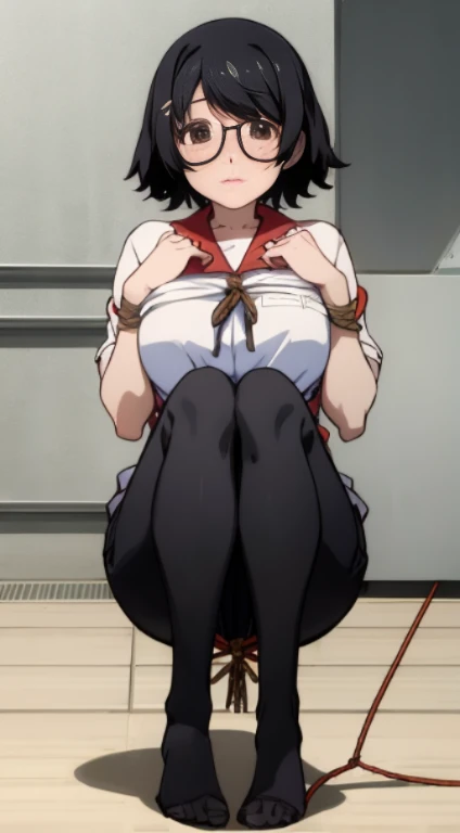 Stema Peace、hanekawa tsubasa、attack of glasses、A dark-haired、large boob、 (Black hair, Brown eyes, Round face), (nose blush, half opened eye),, [Full body shot]、eye glass、Head-to-toe shots、A dark-haired、Tying up the chest...、lifted by a rope、