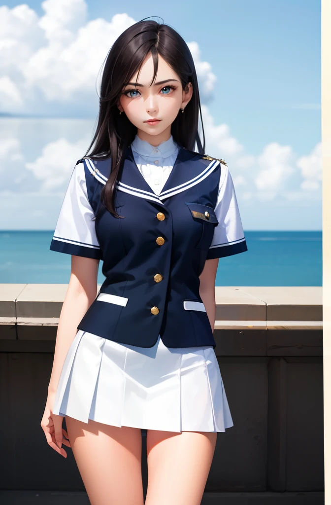 rialistic photo、Top image quality、1girl in, sayla mass, Elegant, masutepiece,Ultra mini skirt、White panty、 Convoluted, Realistic, Best Quality, absurderes, high face detail, Perfect eyes, 18 years old, Cowboy Shot, Illustration, Vibrant colors, White uniform, Skirt