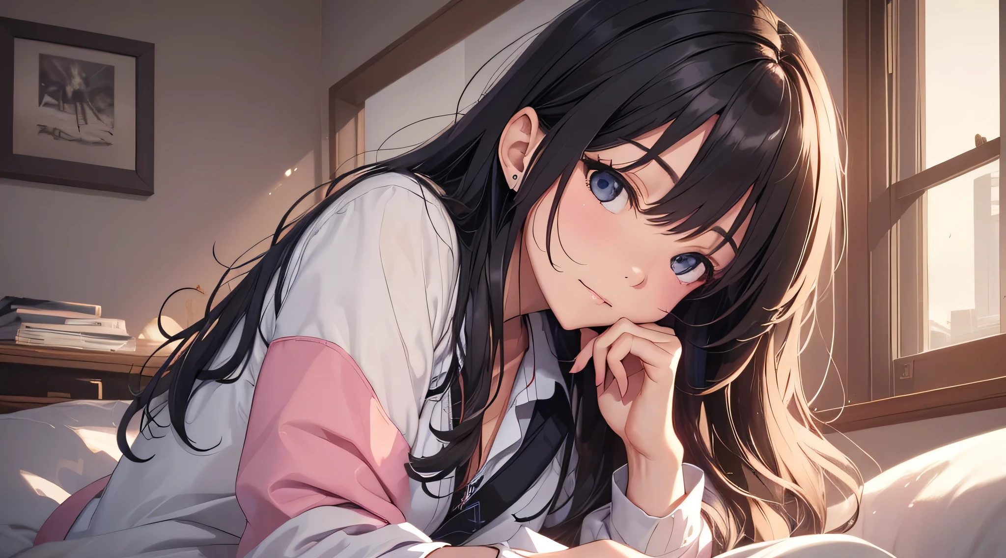 top-quality、Top image quality、​masterpiece、Teenage girl((Black pajamas、18year old、 Ager、Best Bust、big bast,Black eyes, Black hair、A slender,Large valleys、Gal style、床futon beddingの上で仰向けになる、embarassed face、dye one's cheeks red、dishevled hair、Sleep state)),hiquality、Beautiful Art、Background with((Nice and clean room.、futon bedding、animal stuffed、pink walls))​masterpiece、depth of fields,Cinematic style
