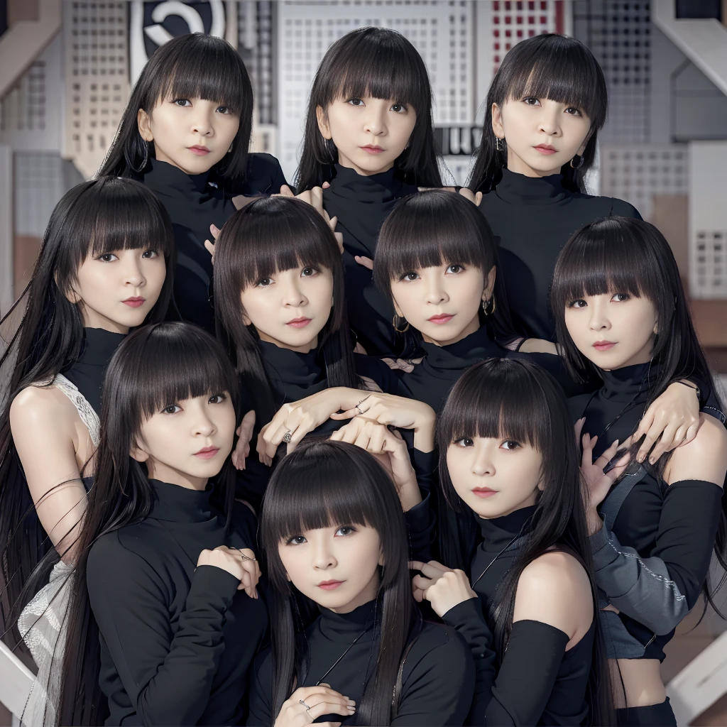 Raw photo、(((multiple girls))),((((6+girls)))),Women only、100 idols singing and dancing on stage、,japanes、((Same height))、((matching black outfit))、The same face,((A dark-haired)),Longhaire