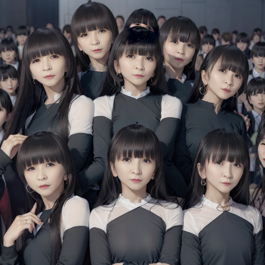 Raw photo、(((multiple girls))),((((6+girls)))),Women only、100 idols singing and dancing on stage、,japanes、((Same height))、((matching black outfit))、The same face,((A dark-haired)),Longhaire