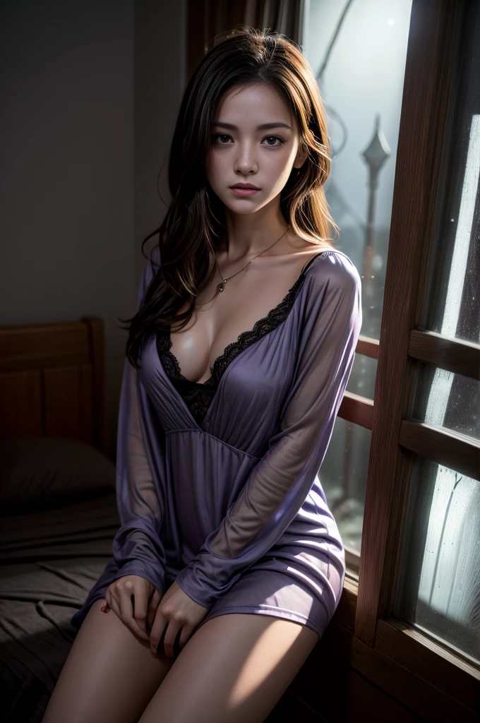 (Photoreal Stick:1.5, masutepiece:1.5, 8K), (top-quality, masterpiece, 超A high resolution), Perfect dynamic composition, Professional camera work:1.4, Highly detailed skin and facial texture:1.3, Mystical portrait:1.3, Grow Light Effect, The ultra-detailliert, 1girl in, ((Night view from inside the building, Pitch black room:0.9, The moonlight at night shines through the glass)), (Light purple nightgown), Model body type, Clear face, (Beautiful and seductive eyes:0.9, Enraptured look:1.0, i love you completely:0.8, A mouthfeel that feels beautiful eros:0.7), (Wet dark brown medium hair), candles, the chest is medium, a necklace, (Leaning against the window, Sit up), ((seductiv, Functional))