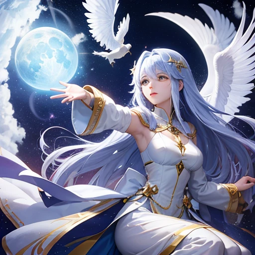 A mystical priestess of the moon flying to the sky yielding her power, anime style