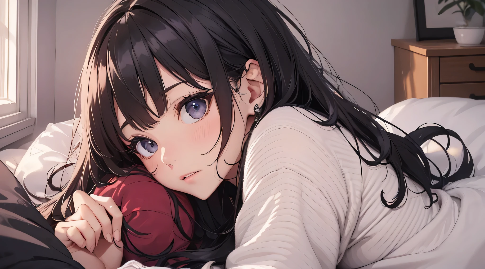 top-quality、Top image quality、​masterpiece、Teenage girl((Black pajamas、18year old、 Ager、Best Bust、big bast,Black eyes, Black hair、A slender,Large valleys、Gal style、床futon beddingの上で仰向けになる、embarassed face、dye one's cheeks red、dishevled hair、Sleep state)),hiquality、Beautiful Art、Background with((Nice and clean room.、futon bedding、animal stuffed、pink walls))​masterpiece、depth of fields,Cinematic style
