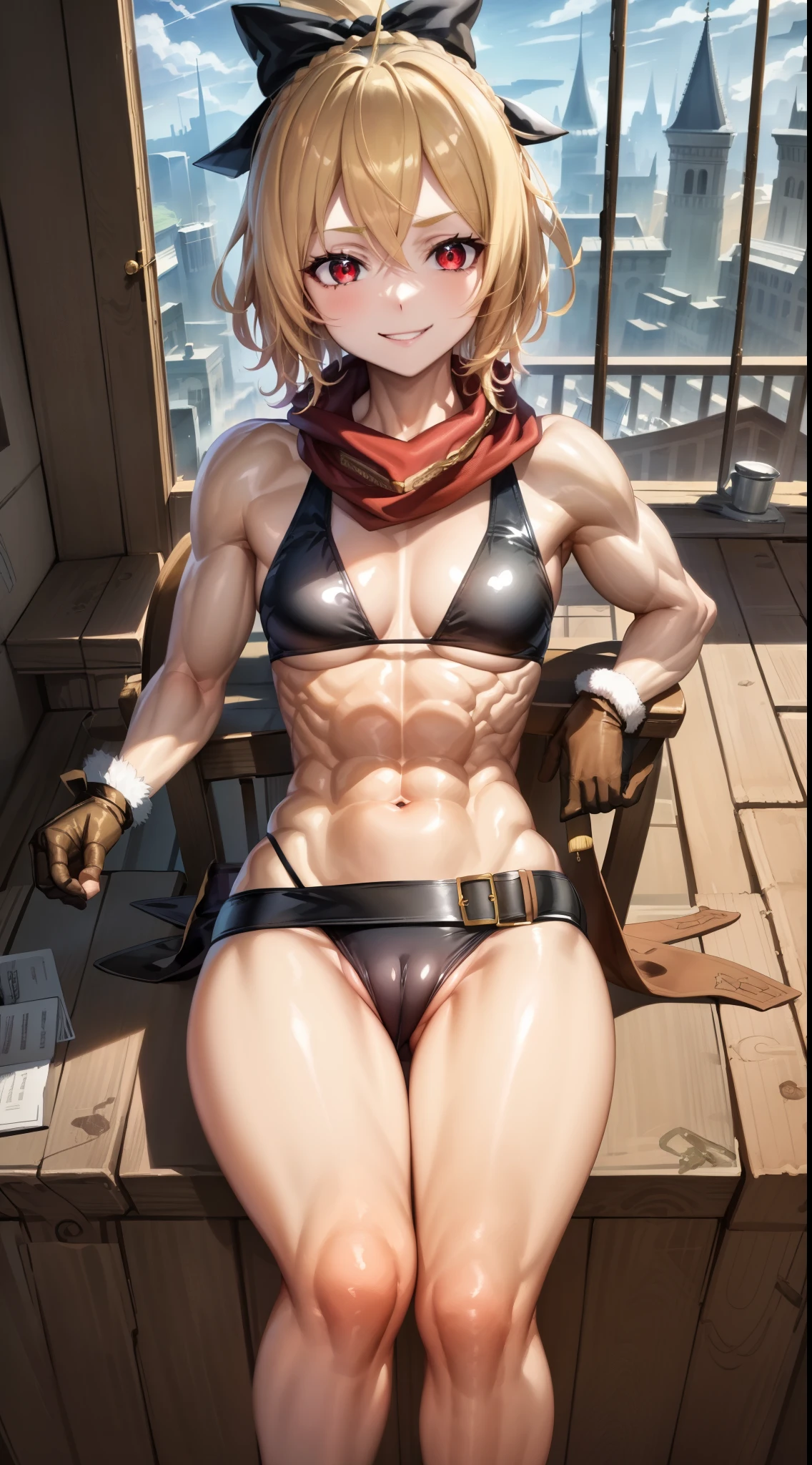 best quality, 4k, ((masterpiece)), extremely detailed, 8k, Trending in ArtStation, intricate, very high detail, sharp focus, detailed backfloor, (Fantasy City: 1.4), Roof, 1girl, floor, navel, arch, (blond hair), red eyes, hair bow, red scarf, braid, short hair, small breasts, standing, Looking at the Viewer, smile, midriff, blonde hair, black bow, {{{very short and sexy bikini} }}, wearing very short black panties, Gloves, brown Gloves, (muscular legs), (sitting on the chair with her legs open showing her pussy to me)