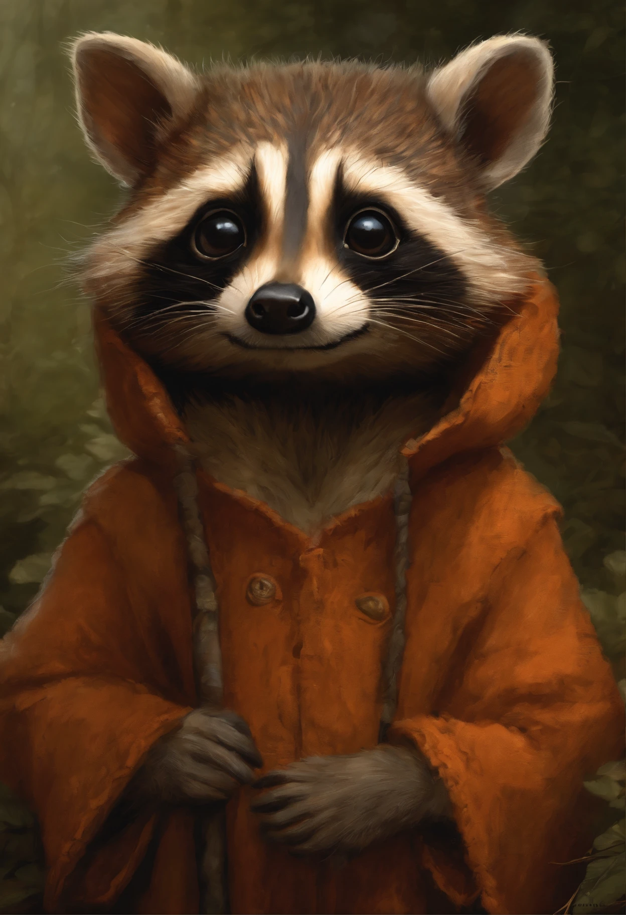 真实感, dark fantasy style, John Tolkien style, Small painting by Jean-Baptiste Monge, photo of a small baby raccoon with big eyes in a knitted orange blouse, muzzle sticks out of hole, stuck his nose out of the hole, adorable digital painting, rob rey, Anthropomorphic raccoon with big eyes, based on Jean-Leon Gerome, inspired by Johannes Helgeson, portrait of a gnome called eldon, Jean Baptiste monge, jean - baptiste monge, Brian Despin Jean-Baptiste Monge, anthropomorphic --ar 2:3 --testp -optimistic;
