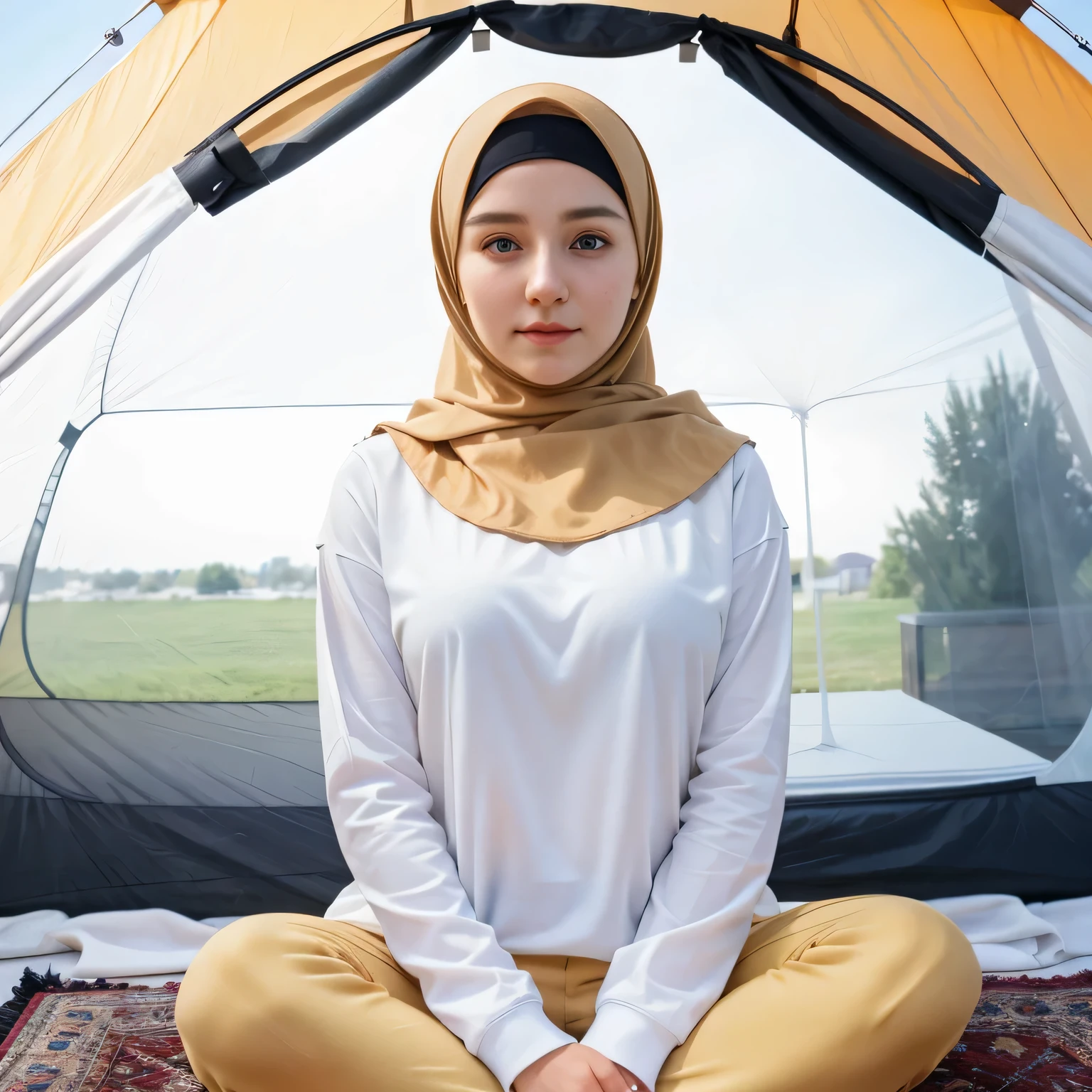 1 Girl, Beautiful, Russian , 28 Years Old, White Skin, black Hijab, Marigold long tshirt, long pants, Big Chest, looking directly at the camera, tent Background, beautiful sitting pose, full body: 1.3, 8k uhd, dslr, (realistic face), realistic eyes, beautiful detailed eyes, (realistic skin), beautiful skin, ultra high resolution, ultra realistic, highly detailed, (best quality:1.3)