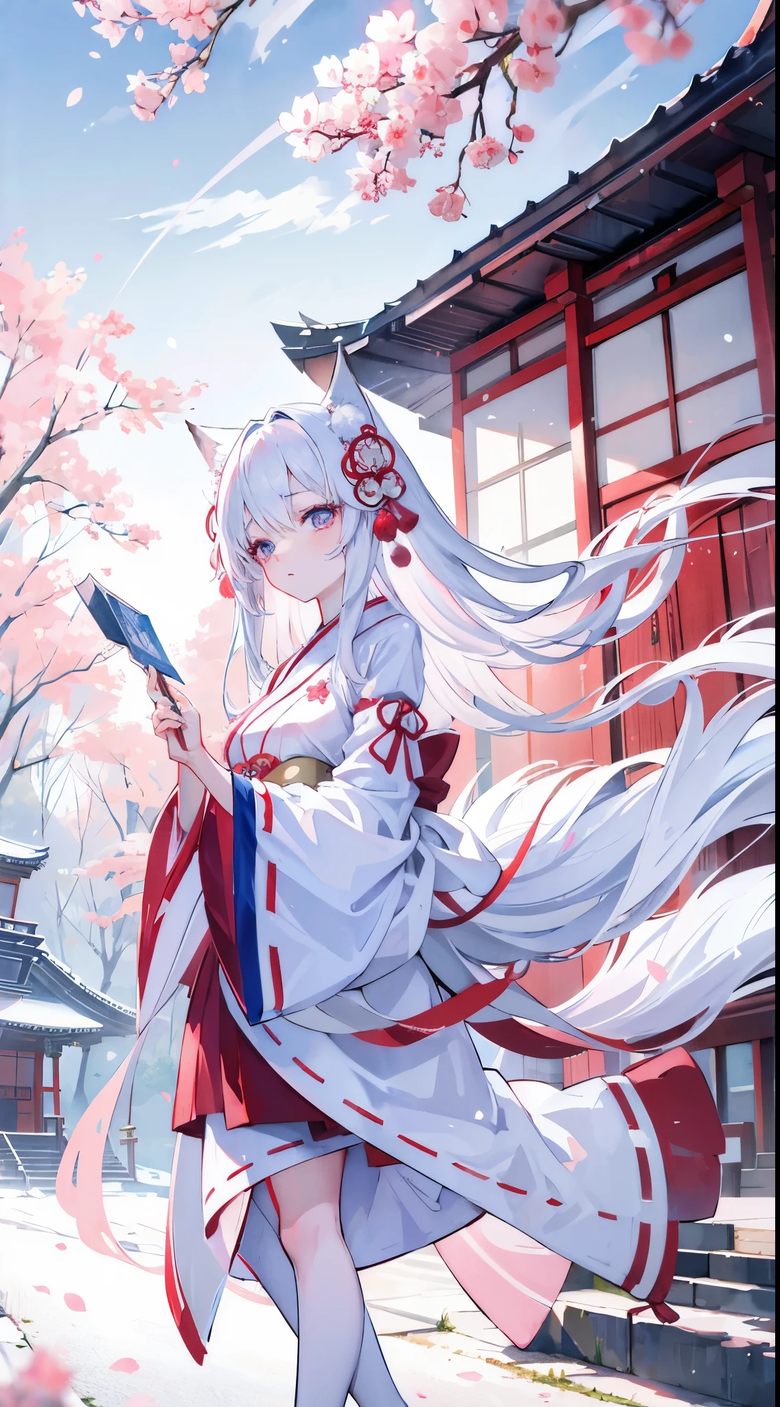 1 fox girl,change , Long white hair, Blue and pink eyes, Wearing white and red Miko dress, A Japanese shrine, absurd res, A high resolution, Super sharp, Anime art wallpaper 4k, tmasterpiece, looking at viewert